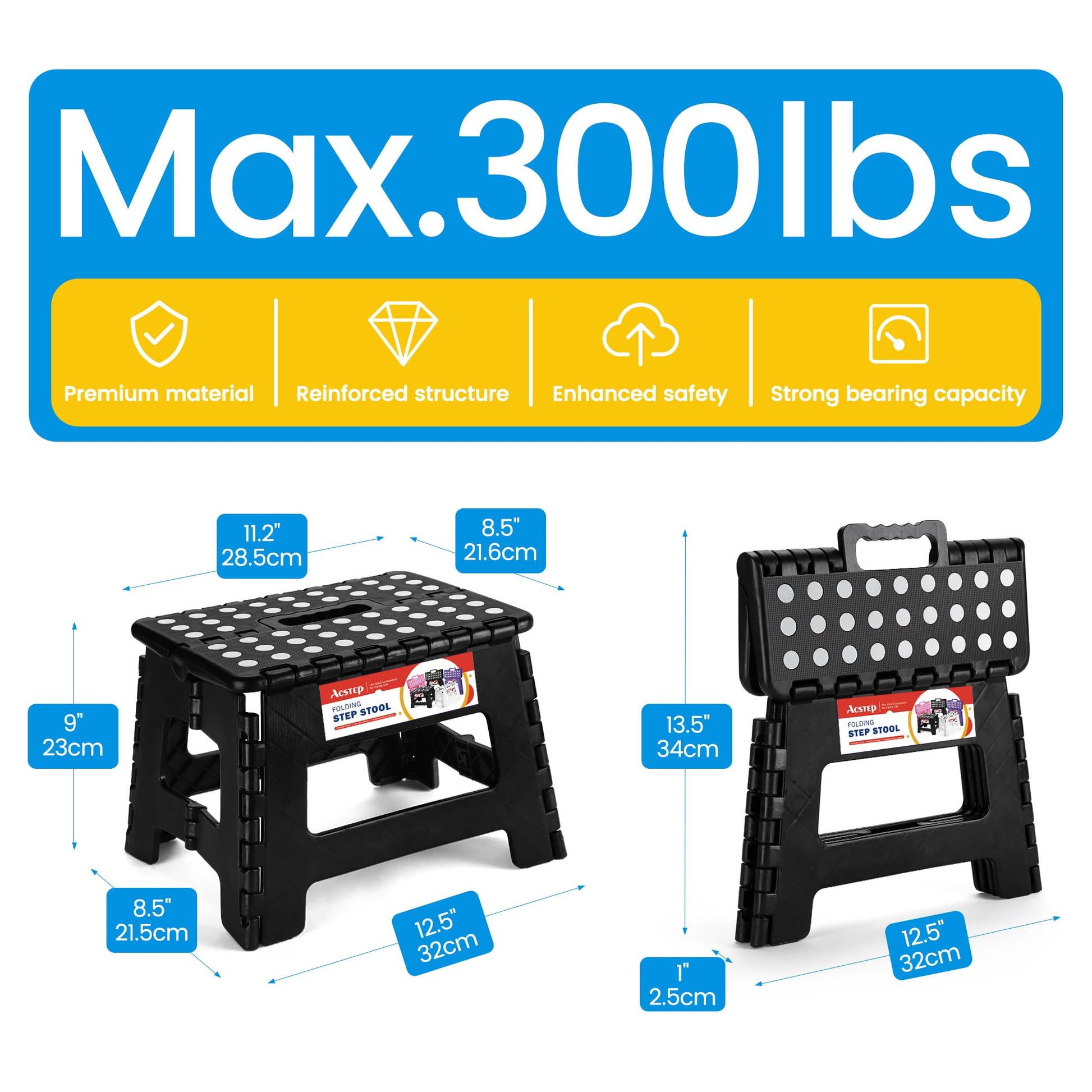 ACSTEP Folding Step Stool 9'' Tall Kids Step Stool Holds Up to 300 lb Plastic Foldable Step Stools for Kids Non-Slip Surface with Carry Handle Collapsible Stool for Home, Outdoor and Indoor(Black)