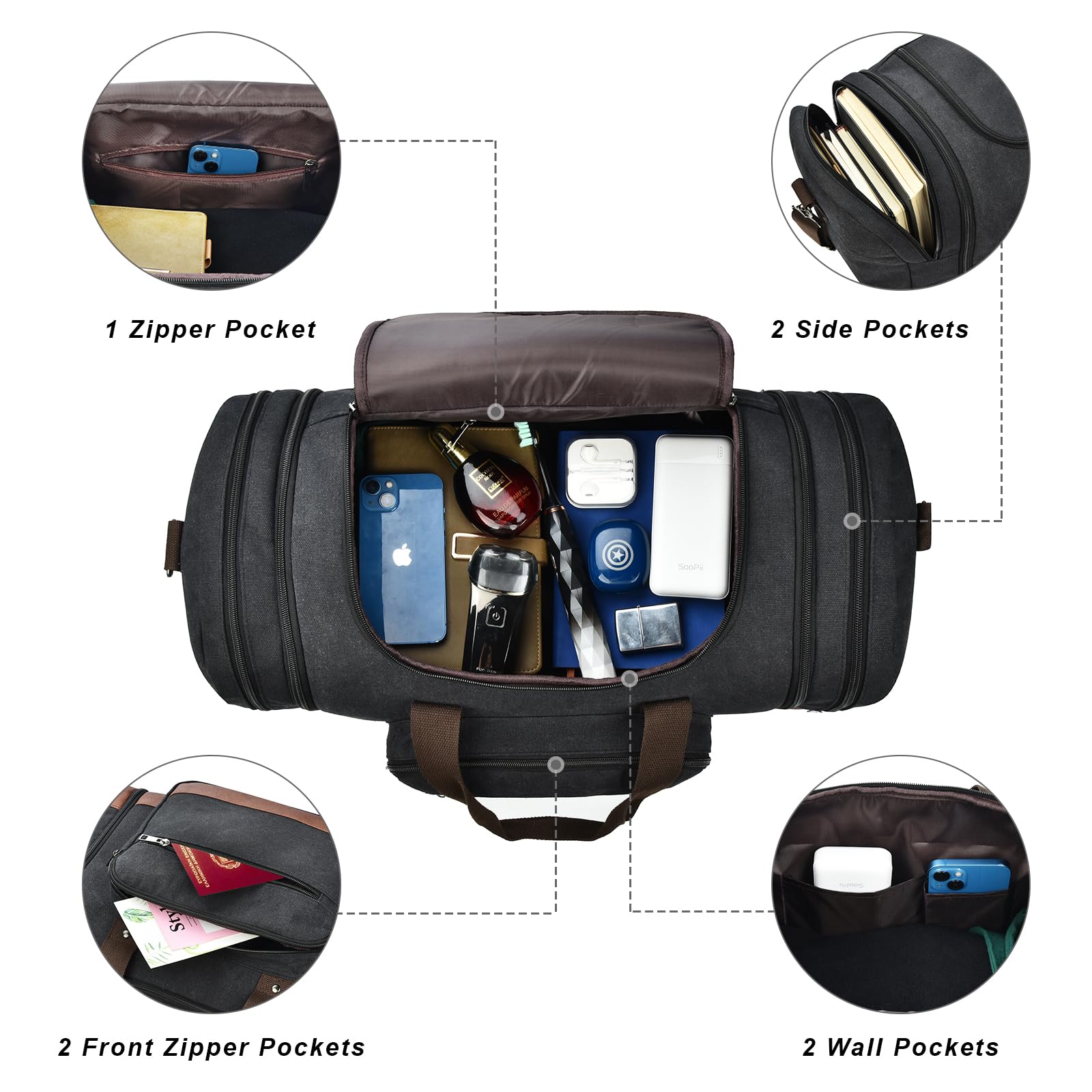 Litvyak Duffle Bag for Travel, 50L Canvas Travel Duffel Bags Overnight Weekend Gym Carry On Luggage Bag for Men & Women(Black)