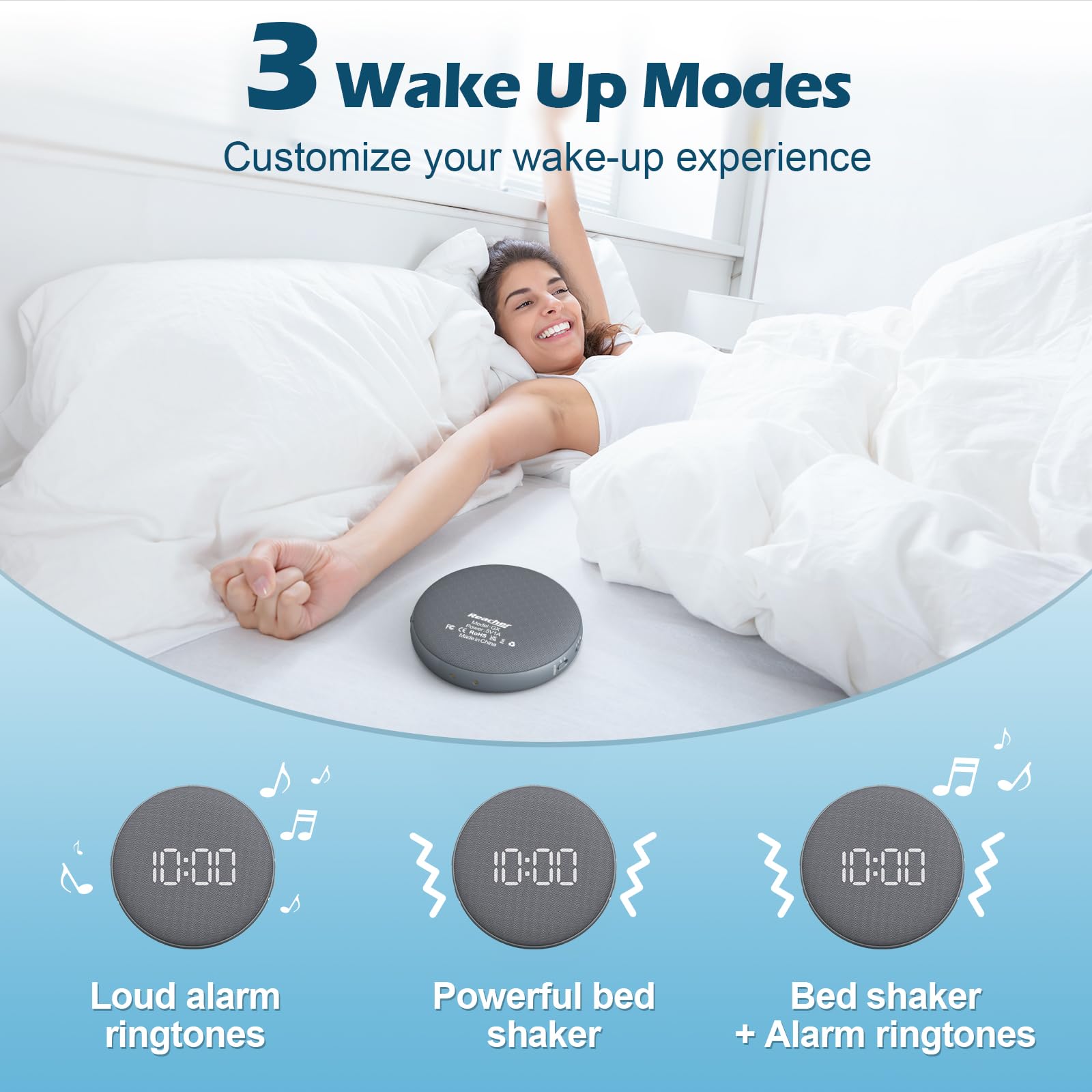 REACHER Super Loud Alarm Clock for Heavy Sleepers Adults Teens, Vibrating Alarm Clock Bed Shaker Under Pillow, Rechargeable Battery Powered for Travel, Auto-Dim, Portable