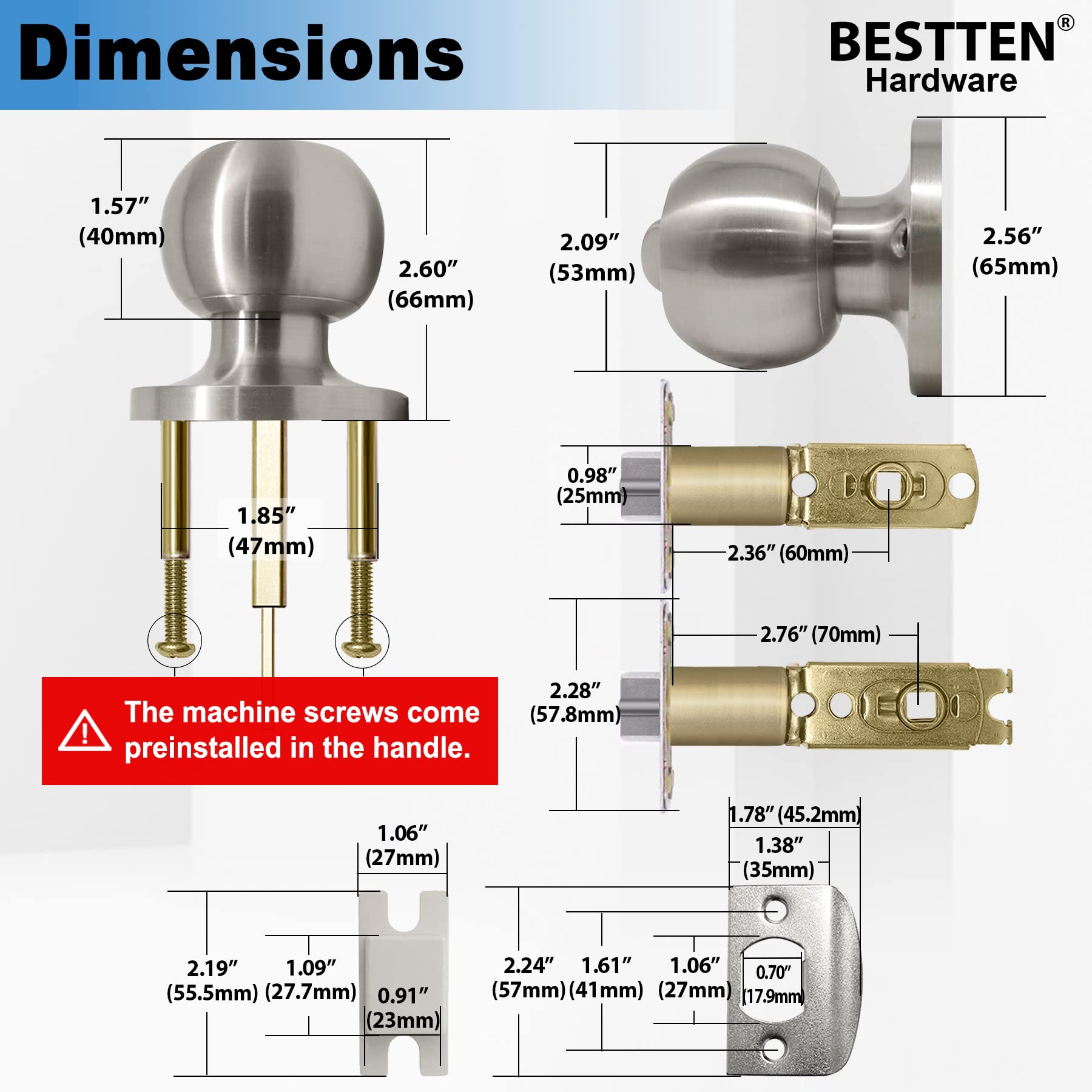 BESTTEN Keyed Entry Door Knob with Lock, Interior and Exterior Door Lock, Standard Ball, Satin Nickel