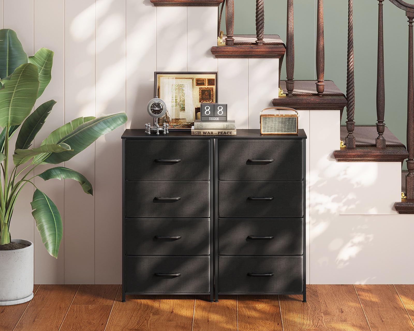 AODK Dresser for Bedroom with 4 Storage Drawers, Small Dressers Chest of Drawers Fabric Dresser with Sturdy Steel Frame, Black