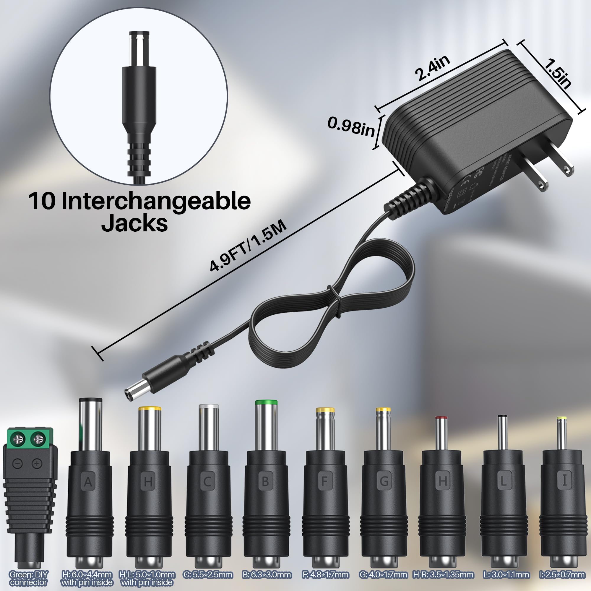 9V Power Supply AC Adapter DC 9V Power Cord Universal Power Adapter 9V Charger with 10 Interchangeable Jacks Compatible with 1000mA 900mA 800mA 700mA 600mA 500mA 400mA 300mA 200mA 100mA Electronics