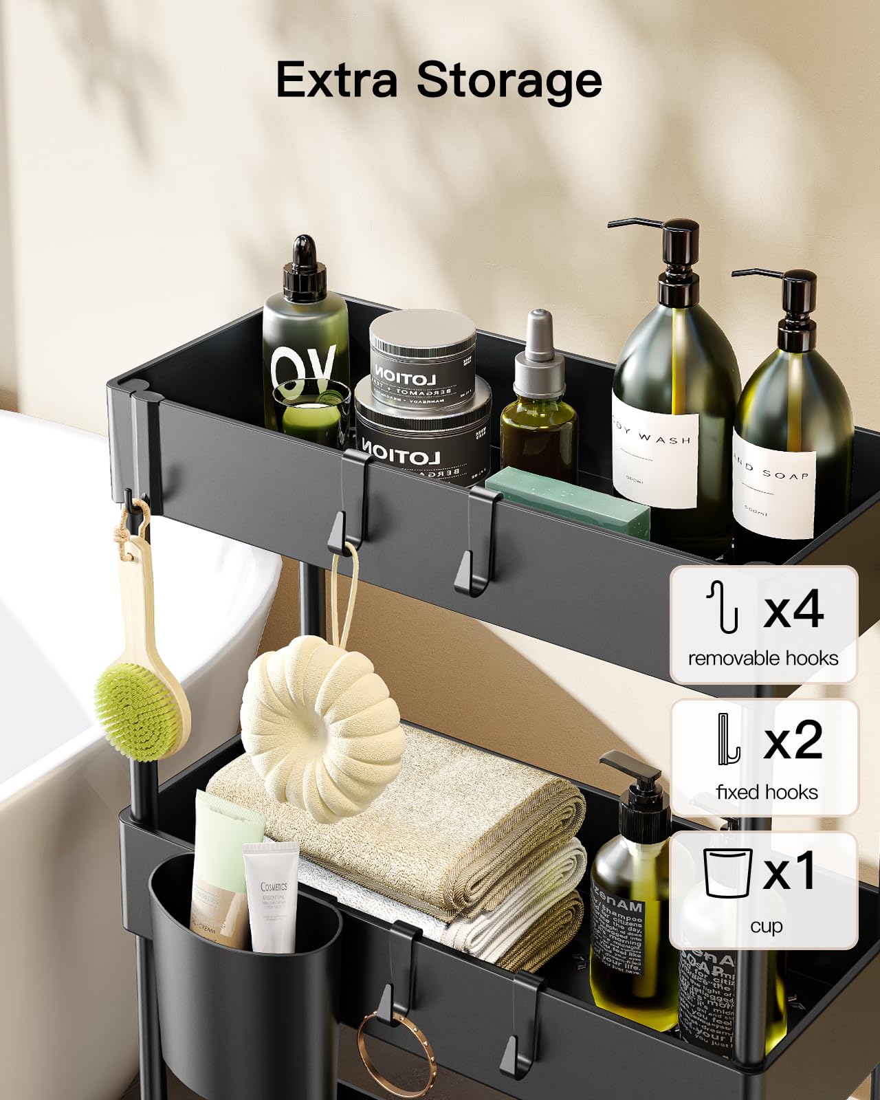 Pipishell Slim Storage Cart with Wheels - 3 Tier Bathroom Organizers and Storage Cart - Rolling Carts for Bathroom, Kitchen, Narrow Space, Laundry Room,Black