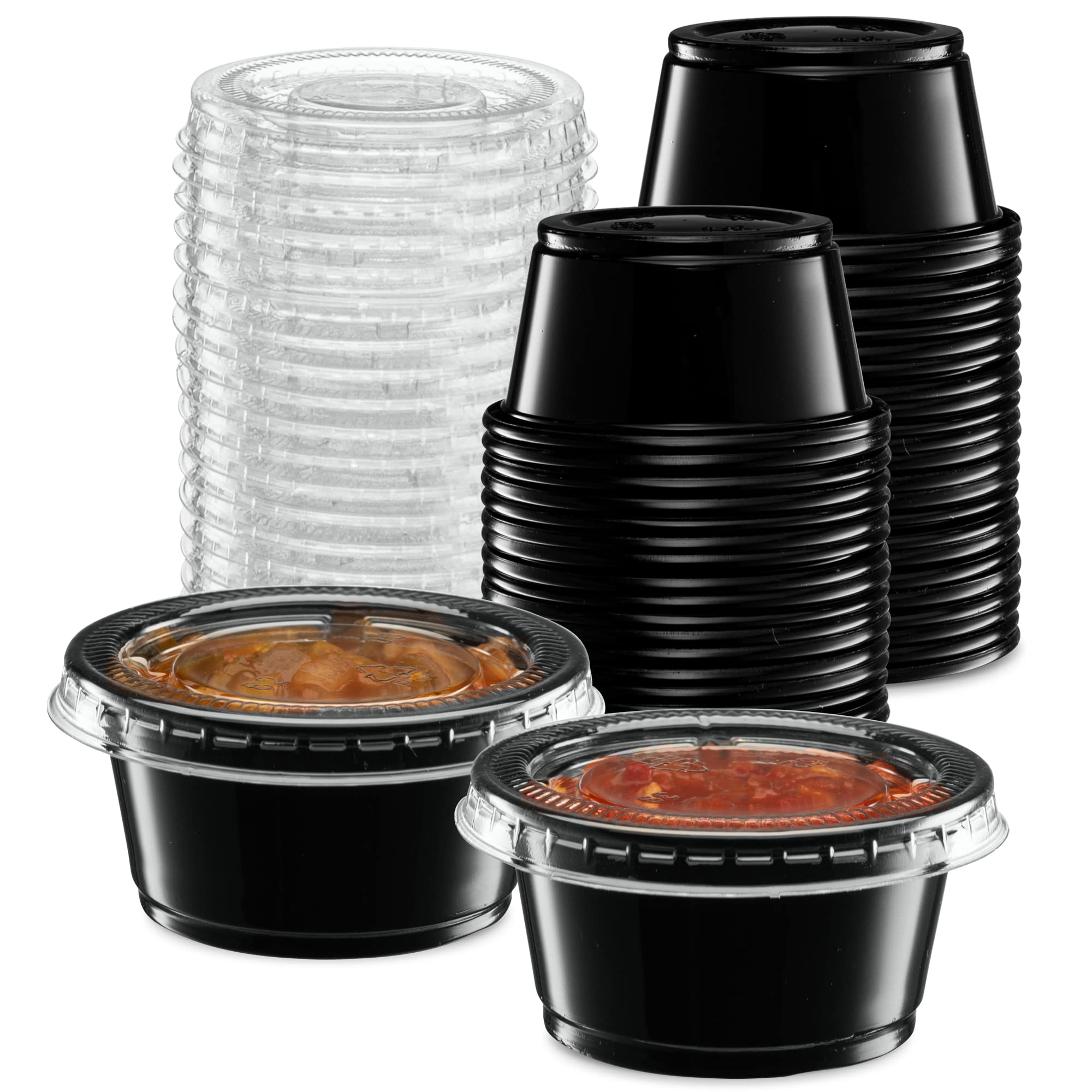 (2 oz - 100 Sets) Black Diposable Plastic Portion Cups With Lids, Small Mini Containers For Portion Controll, Jello Shots, Meal Prep, Sauce Cups, Slime, Condiments, Medicine, Dressings, Crafts