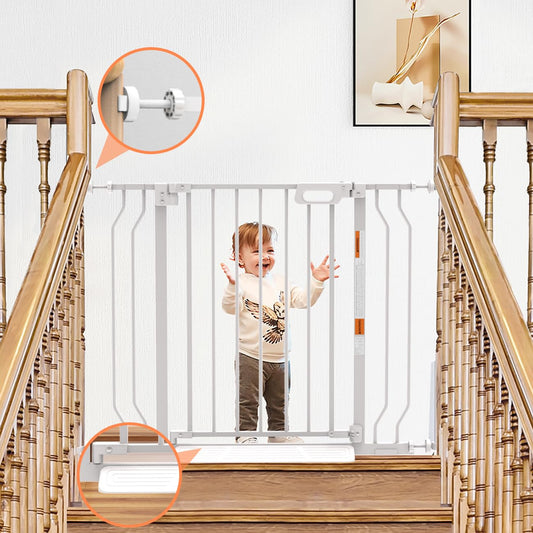 Mom's Choice-GROWNSY Baby Gate for Stairs, 29.5"-48.4" Pressure Mounted Baby Gate for Top of Stair&Doorway with V-Shaped Rods, Anti-Trip Pedal, Extra Wide Stairs Dog Gate Easy Install w/Red Reminder