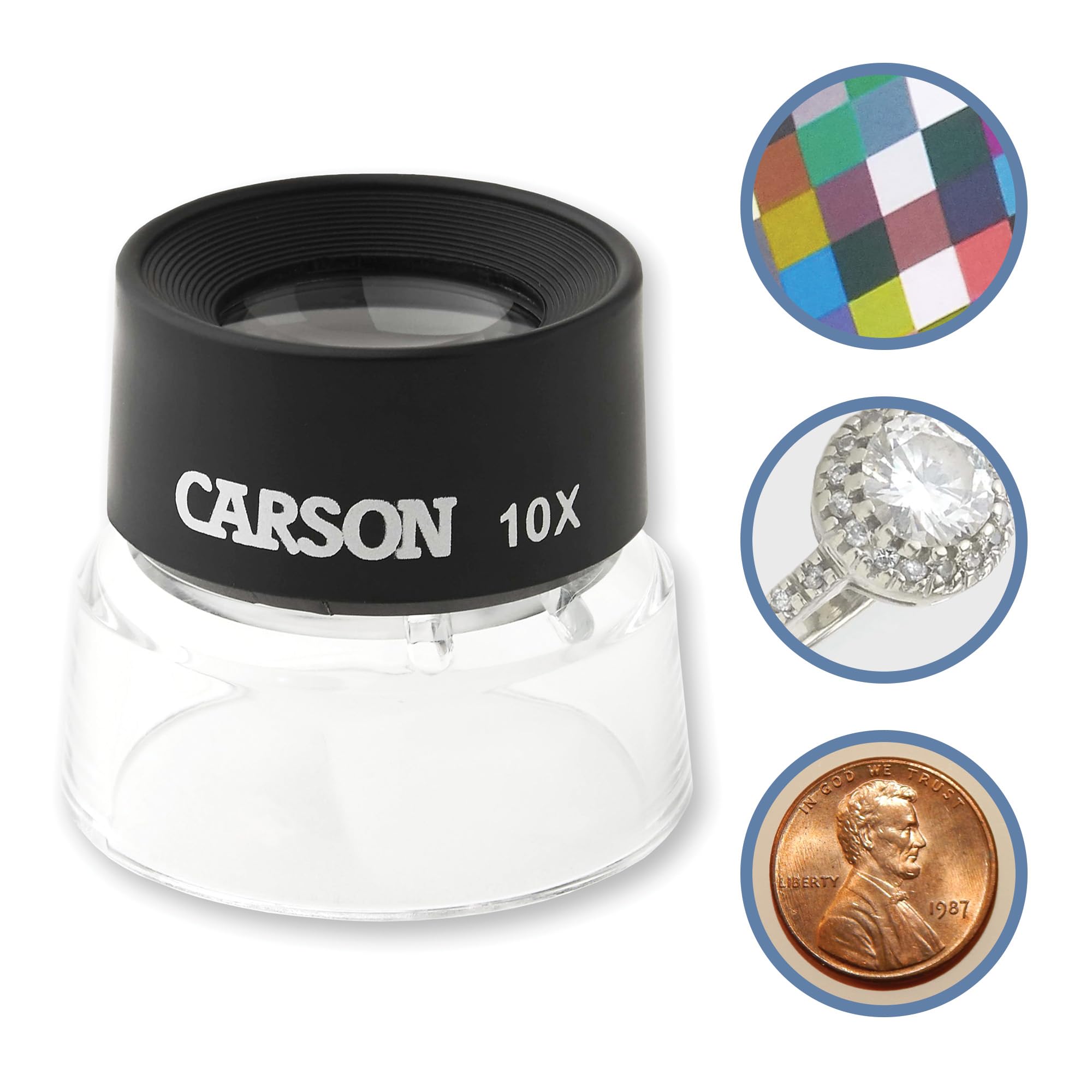 Carson LumiLoupe 10X Power Black/Clear Stand Magnifier, Ambient Light, 1.0 inch Lens Diameter, 2.0 inch Base Diameter, 2.0 x 1.75 x 2.0 inches, 0.05 kg