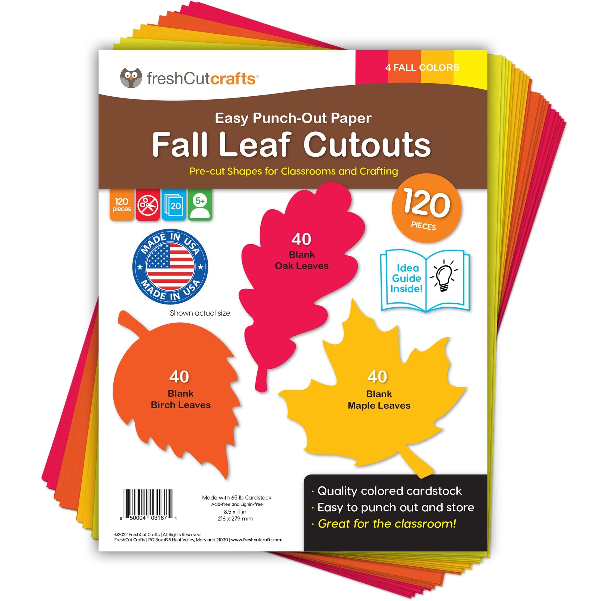 120 Pieces Fall Leaf Paper Cutouts with IDEA Guide, 2-Sided US Made Card Stock Punch Out Maple, Oak, and Birch Leaves for Bulletin Boards, Classroom Decor, Autumn Crafts, DIY Scrapbook, and Posters