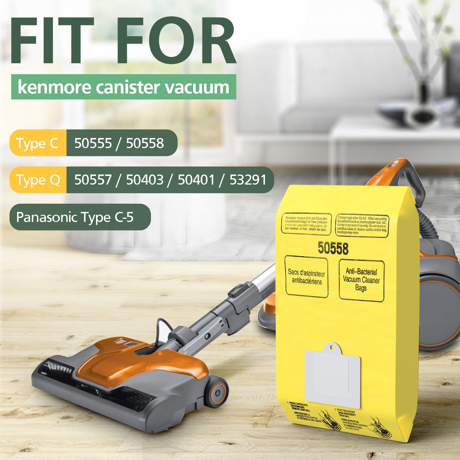 15 Pack Canister Vacuum Cleaner Bags Compatible with Kenmore Canister Type C/Q 5055, 50555, 50557, 50558 and Type C-5, C-18, 53292, 200 Series, 400 Series, 600 Series, 700 Series, 800 Series Vacuum