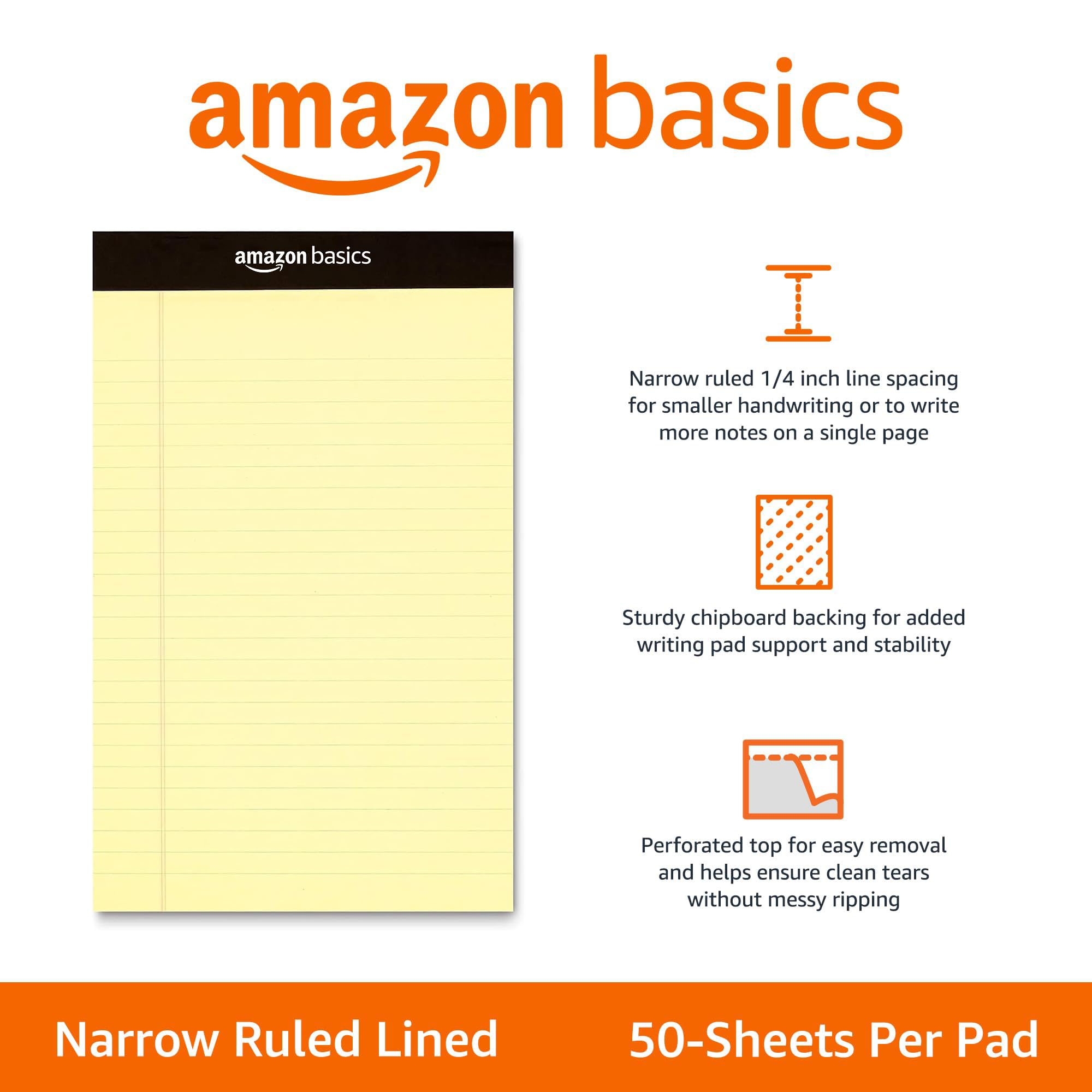 Amazon Basics Narrow Ruled Lined Writing Note Pad, 5 inch x 8 inch, Canary, 600 Count (12 Packs of 50)