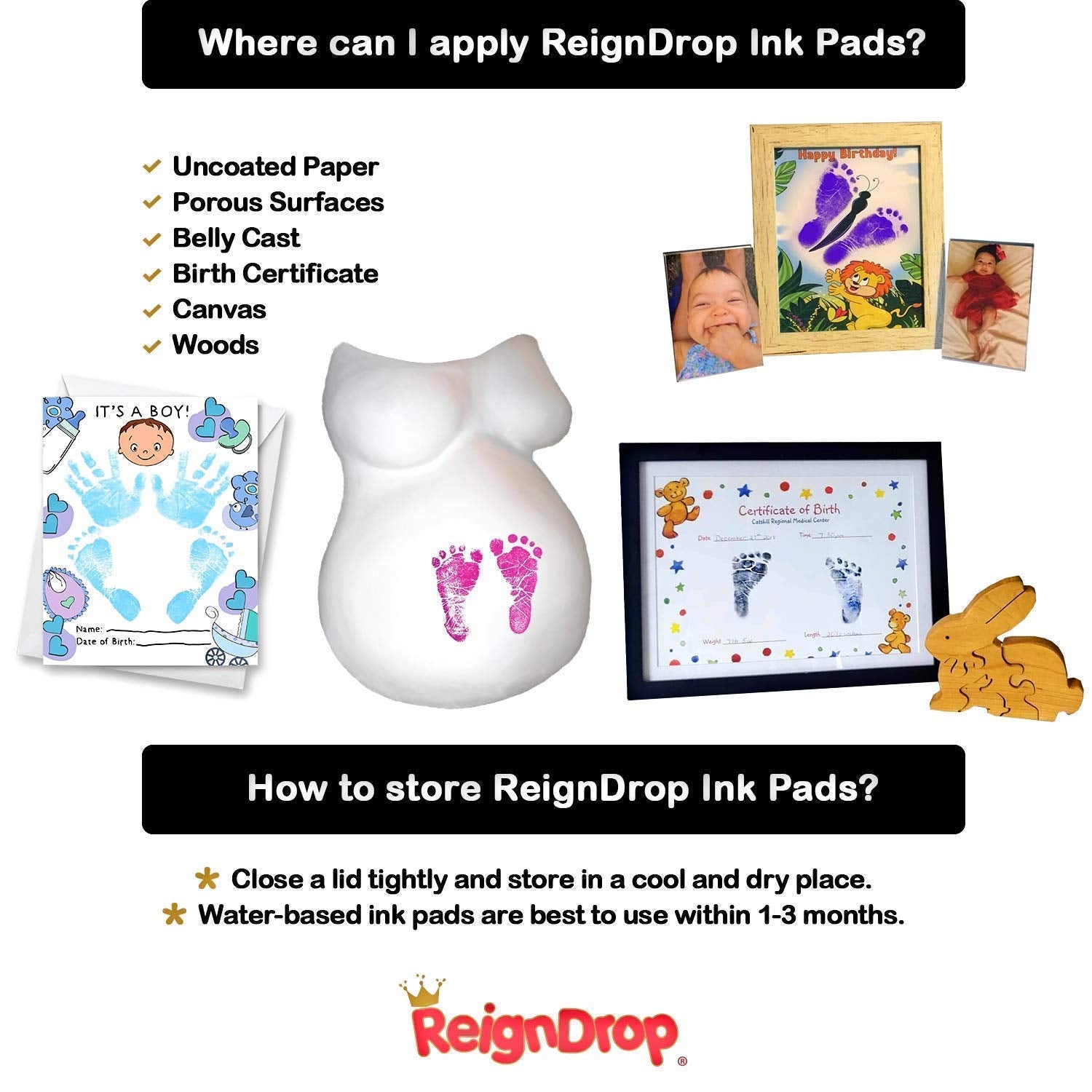 ReignDrop Ink Pad For Baby Footprint & Handprint - Creates Impressive Long Lasting Keepsake Stamp for Infant & Kids. Smudge Proof, Easy to Wipe Off Skin, Safe & Gentle Acid Free(Black)