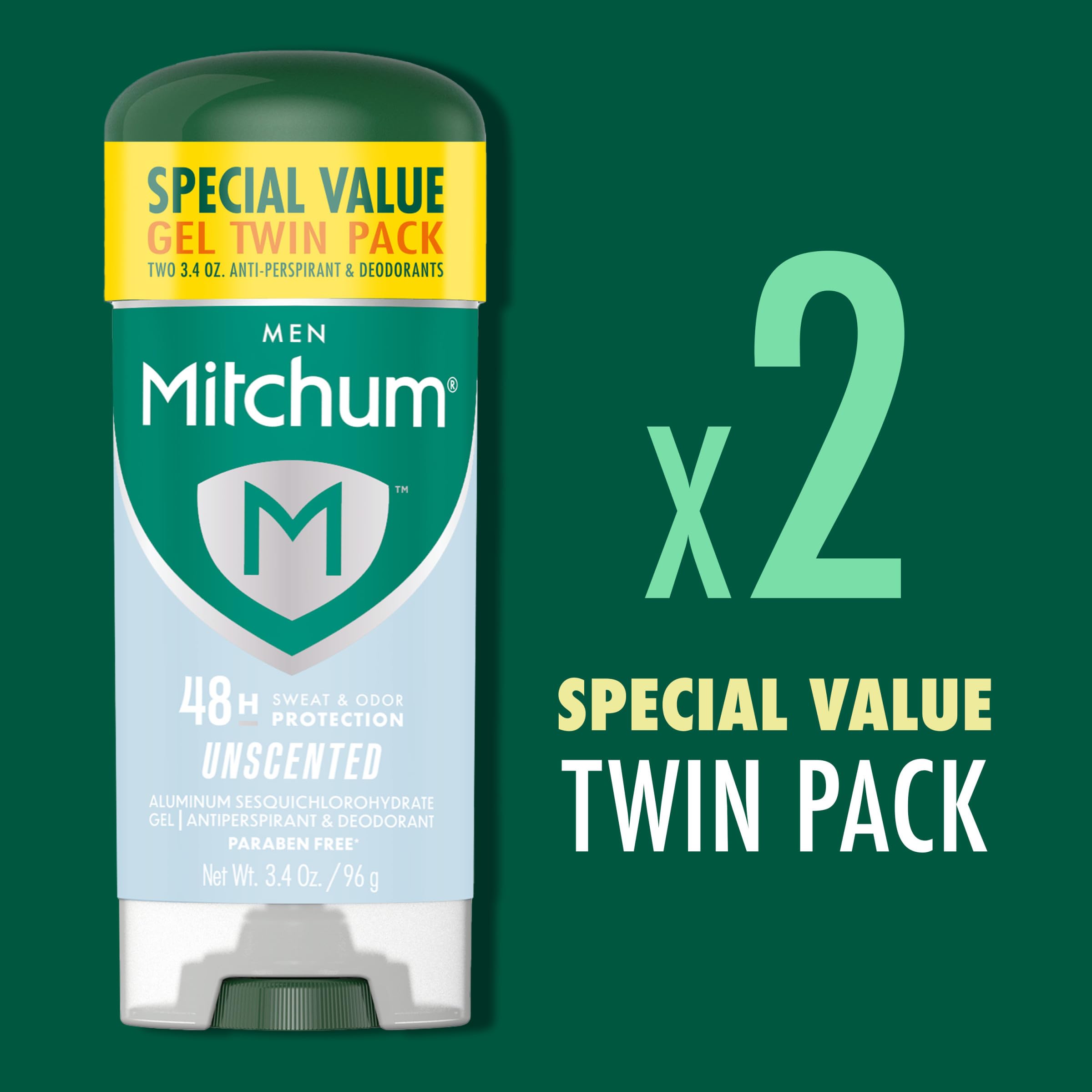 Mitchum Men’s Triple Odor Protection Antiperspirant & Deodorant Gel, Unscented, 48HR Protection, 2 pack