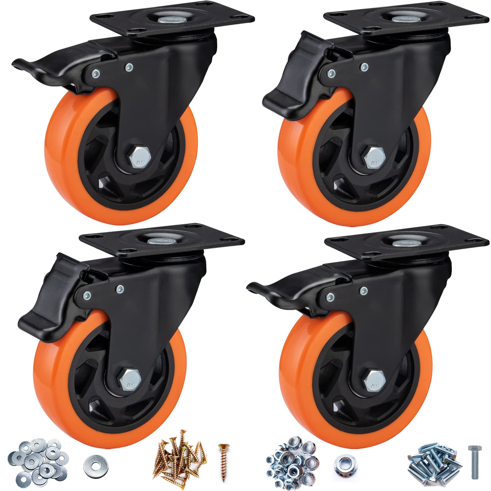 ASRINIEY Casters, 4" Caster WheelsÃ¯Â¼ÂCasters Set of 4 Heavy Duty - Orange Polyurethane Castors, Top Plate Swivel Wheels, 4-Pack Industrial Casters with Brake, Locking Casters for Furniture and Workbench