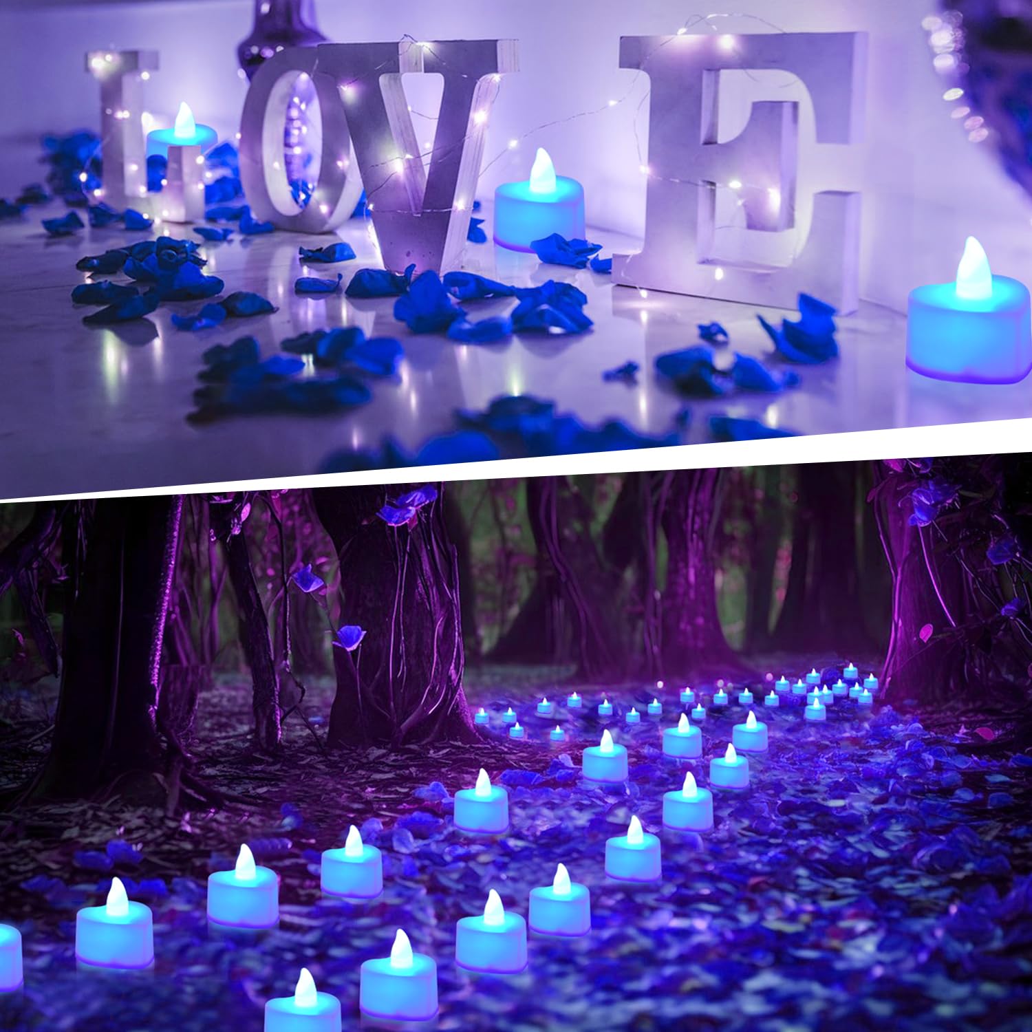 KOABY 2000/4000/8000pcs Artificial Rose Petals with LED Tea Lights Kit, for Special and Romantic Night Valentine Wedding Decor(2000pcs Artificial Rose Petals + 24pcs Blue Lights)