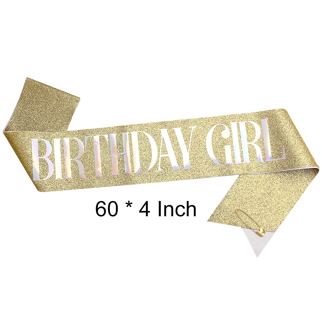 AOPRIE Birthday Crown for Women with Sash Gold White Happy Birthday Tiara for Women Girl Headband Princess Crown Rhinestone Accessories