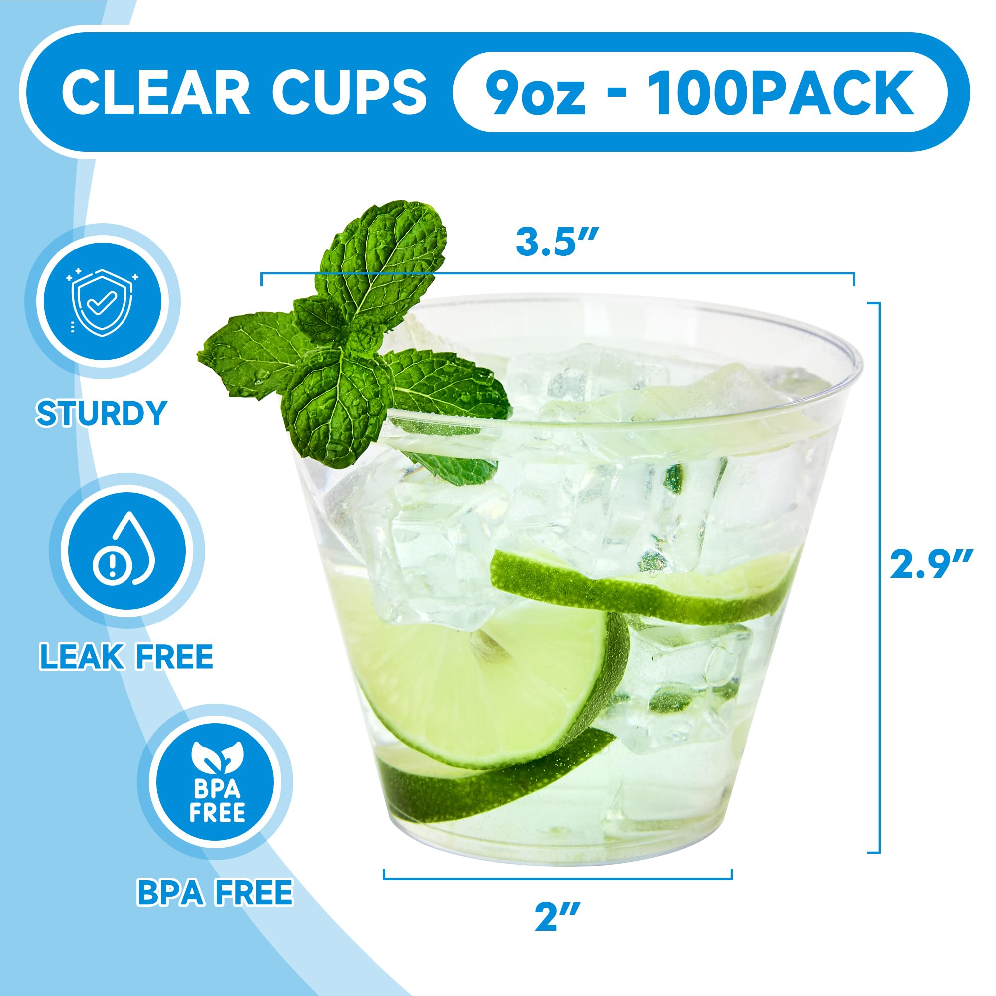 RACETOP 9 oz 100 packs Clear Disposable Plastic Cups, Durable Plastic Cups Tumblers, Perfect for Parties, Wedding and Festival Events