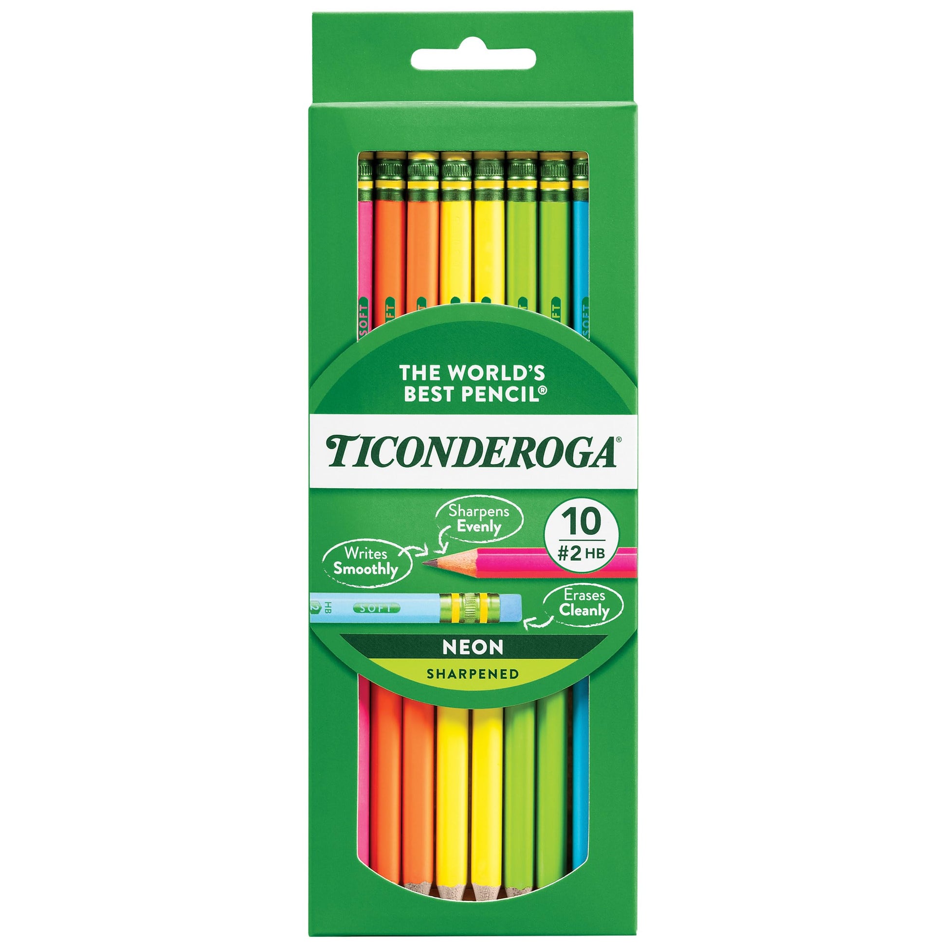 Ticonderoga Wood-Cased Pencils, Pre-Sharpened, #2 HB Soft, Neon Colors, 10 Count