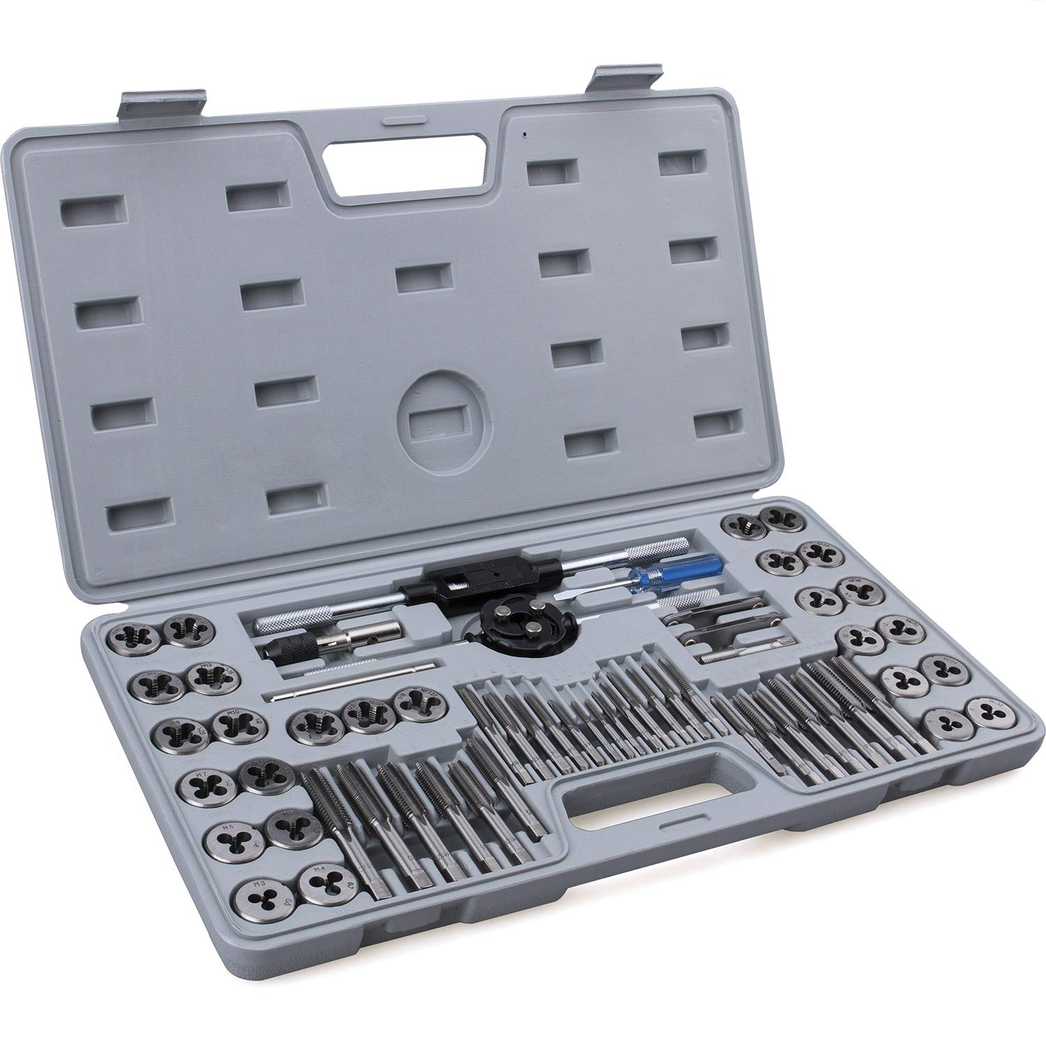 60-Pc Master Tap and Die Set - Include SAE Inch Size #4 to 1/2" and Metric Size M3 to M12, Coarse and Fine Threads | Essential Threading Rethreading Tool Kit with Complete Accessories and Storage Case