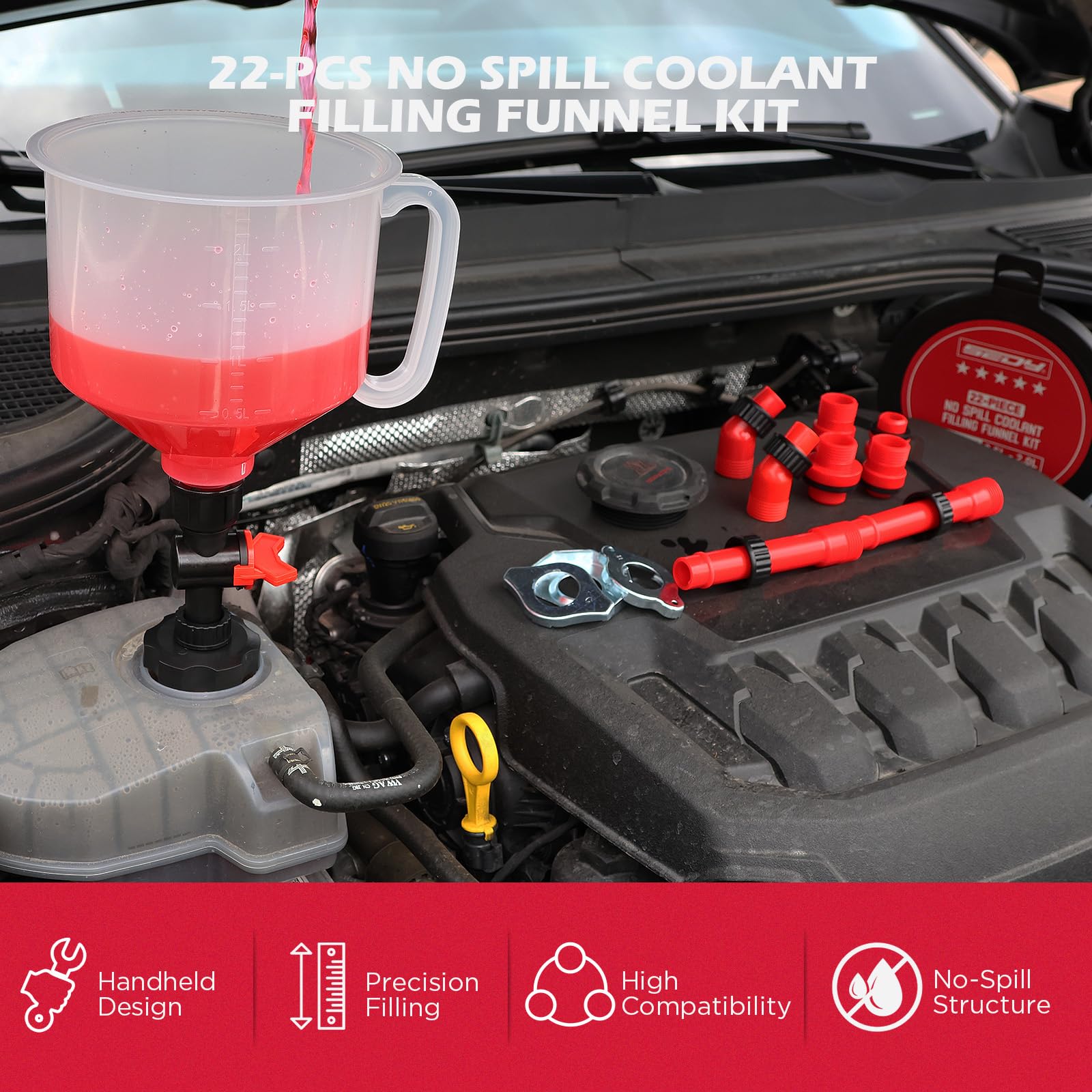 22-Piece No-Spill Coolant Filling Funnel Kit and Siphon Hose Pump, Radiator Coolant Filling Spill-Proof Funnel Kit with Adapters, Extensions, PVC Hose, Engine Oil Funnels, Towel for Universal Vehicle