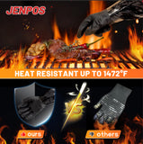 JENPOS BBQ Gloves - 1472°F Thicken Heat Resistant Gloves w/S-Hook 14 in Kitchen Oven Mitts Waterproof Grill Gloves Oil Resistant Grilling Gloves Cooking Gloves for Turkey Fryer/Baking/Oven/Smoker