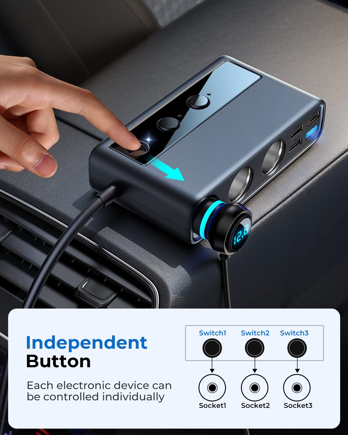 9 in 1 Cigarette Lighter Splitter, JOYROOM 210W Cigarette Lighter Adapter with PD/QC 3.0 * 2 Charge(3.3FT Cable), 12V/24V Independent Switches DC Cigarette Outlet Car Charger for All Car Devices