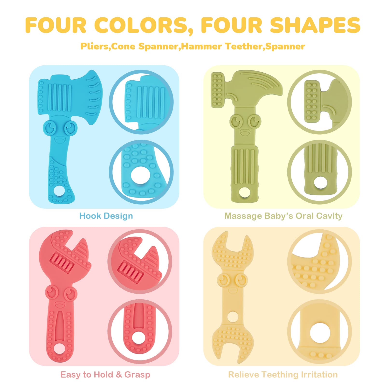 TYRY.HU Baby Teething Toys for Babies 0-6 Months 6-12 Months, BPA Free Silicone Baby Molar Teether Chew Toys, Hammer Wrench Spanner Pliers for Boys Girls, Soft-Textured, Easy to Hold & Clean, 4 Packs