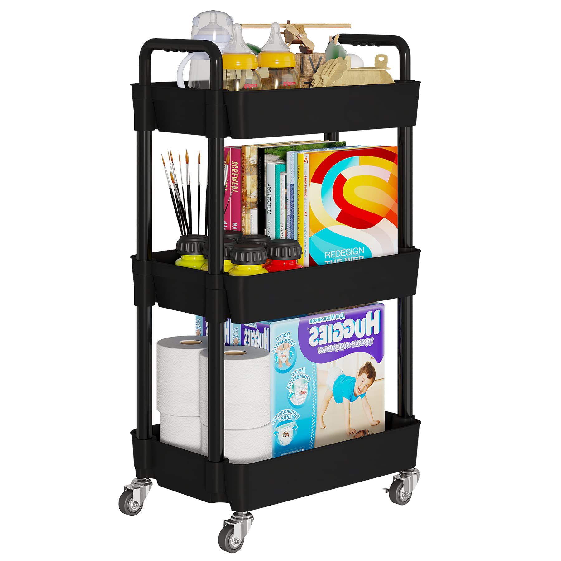 Laiensia 3-Tier Kitchen Storage Cart,Multifunction Utility Rolling Storage Organizer,Mobile Shelving Unit Cart with Lockable Wheels for Bathroom,Laundry,Living Room,With Classified Stickers,Black