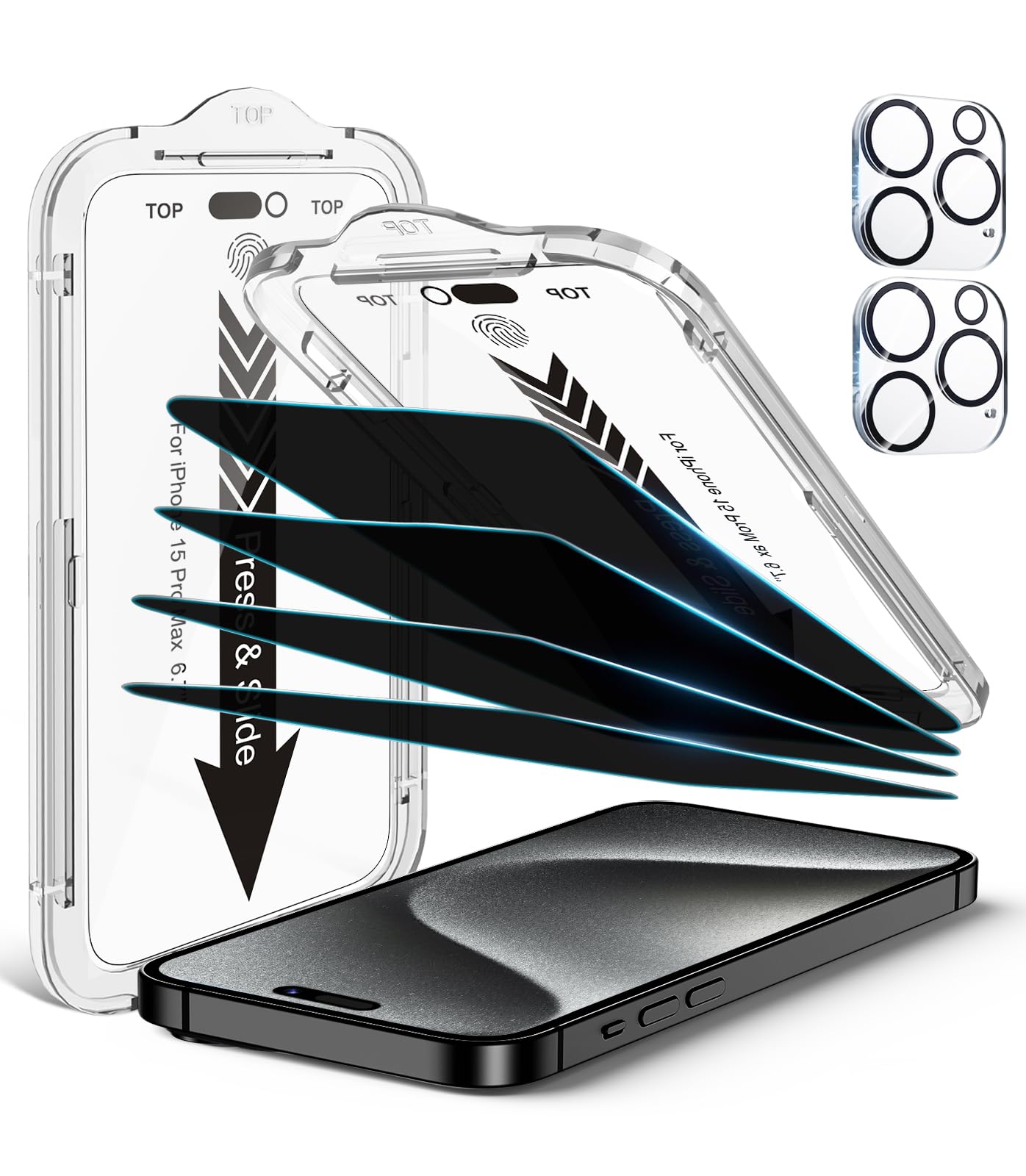 EZ-GLAZ-4 Pack Privacy Screen Protector for iPhone 14 Pro[6.1 inches] With 2 Pack Camera Lens Protector, [Drop Protection] 9H Hardness Scratch Resistant Tempered Glass Film, Easy to install