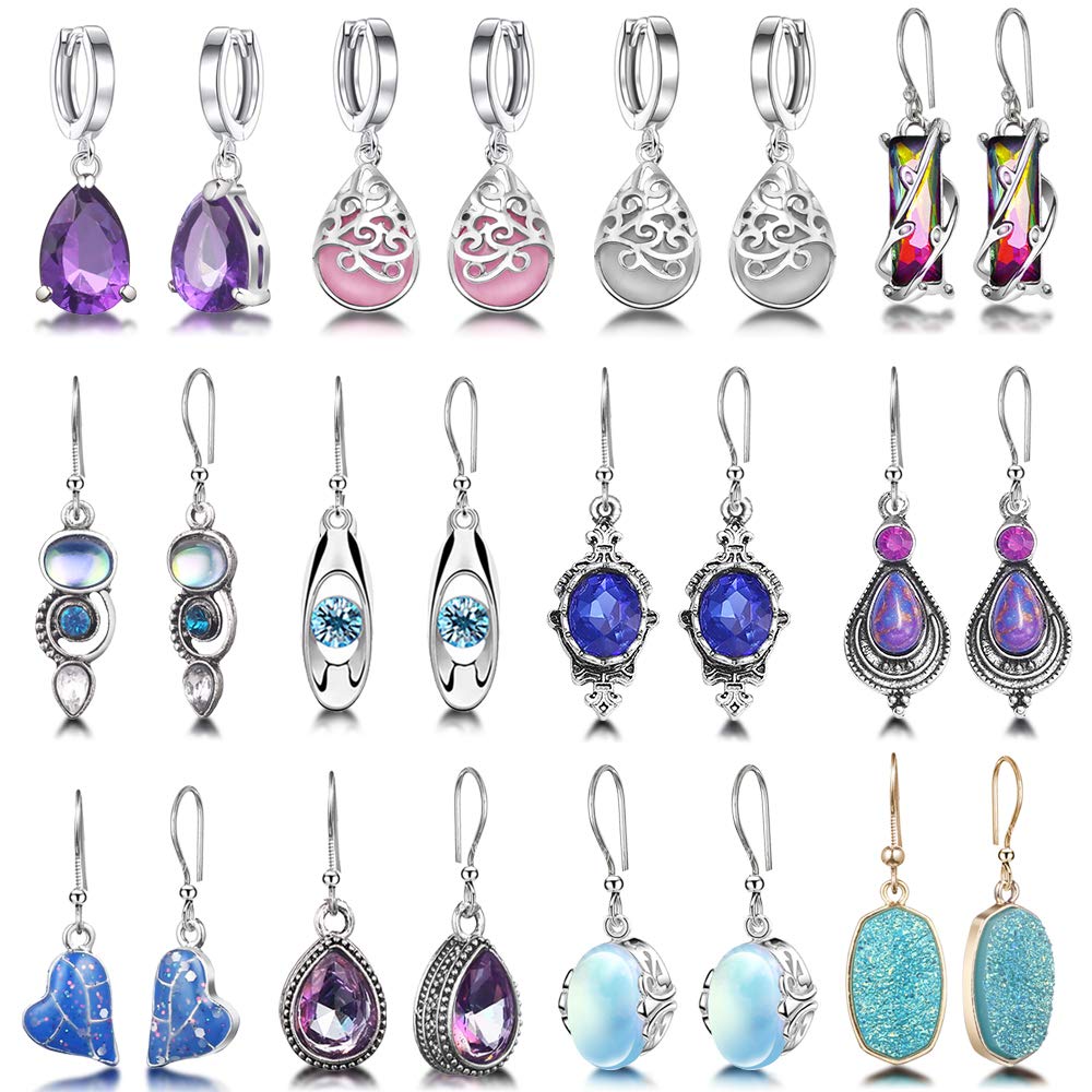 12 Pairs Teardrop Druse Crystal Drop Dangle Earrings for Women Cubic Zirconia Huggie Hoop Earring Jewelry Set Christmas Gifts (1)