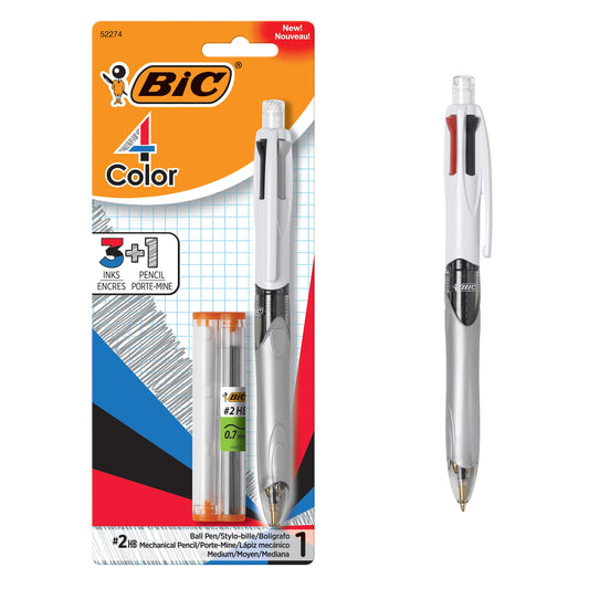 BIC 4-Color 3+1 Ballpoint Pens and Pencil, Medium Point (1.0 mm), Assorted Colors, 1-Count Pack, Pens for School and Office Supplies