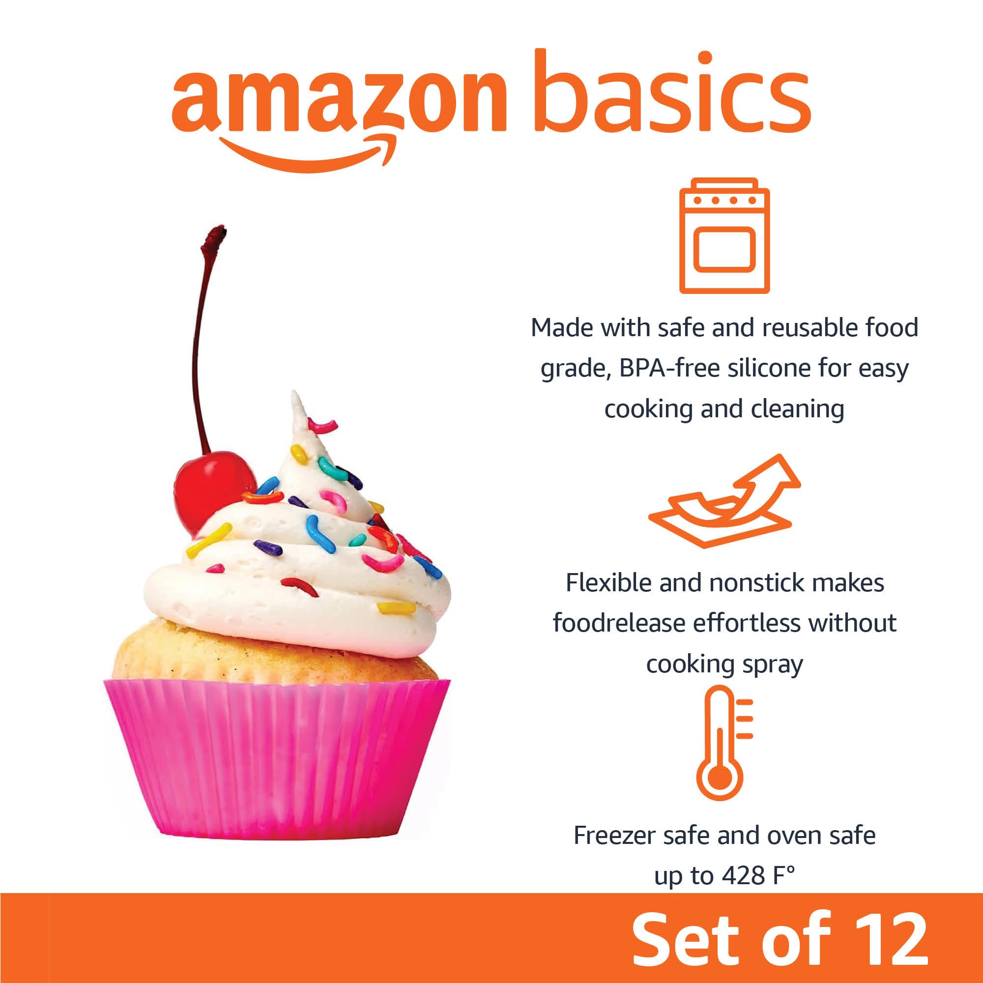 Amazon Basics Reusable Silicone Baking Cups, BPA Free Muffin Liners, Dishwasher Safe, 2.9 x 2.9 x 1.3 in (LxWxH), Multicolor, Pack of 12