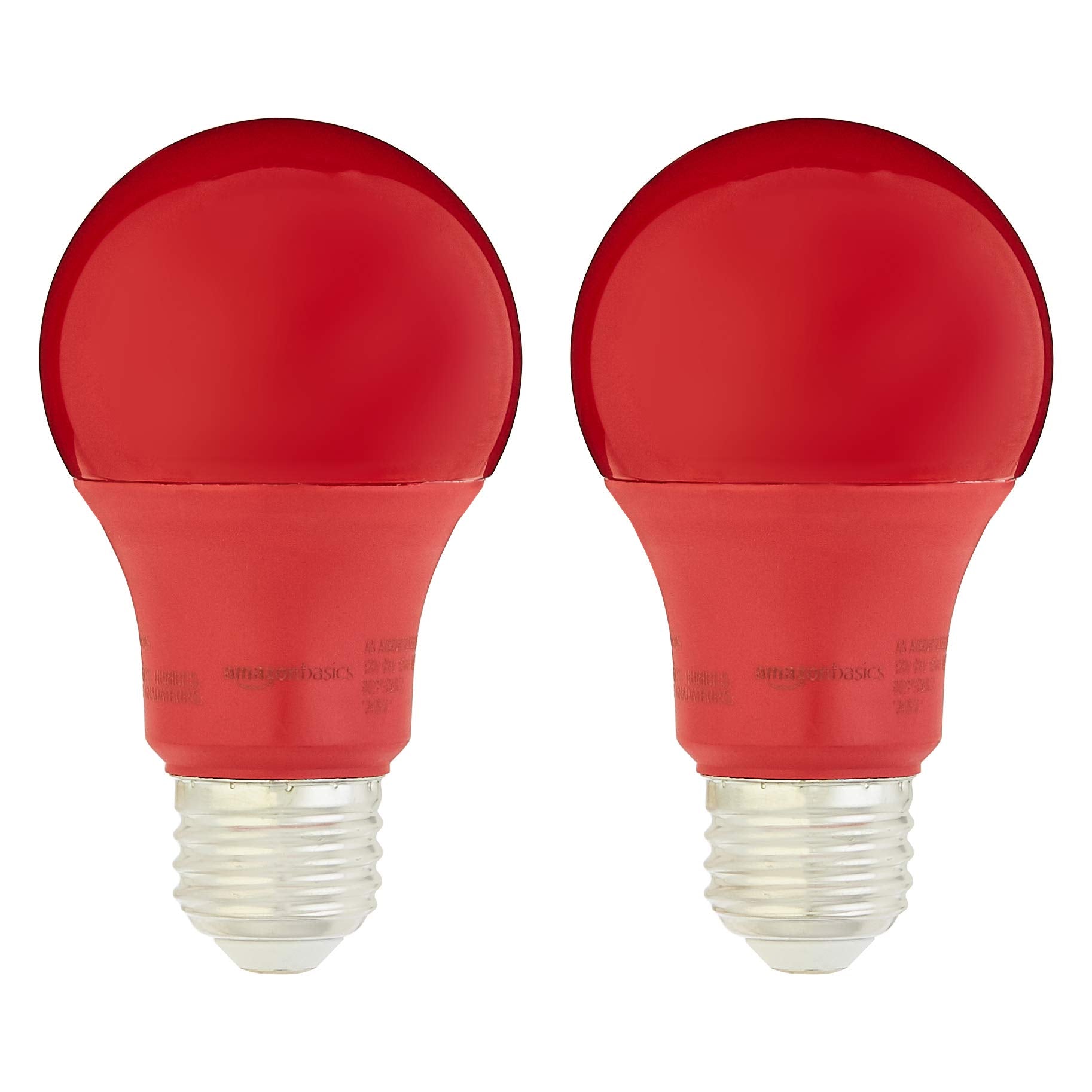 Amazon Basics A19 Red Color Party LED Light Bulbs, 60 Watt Equivalent, Energy Efficient 9W, E26 Standard Base, Non-Dimmable, 10,000 Hour Lifetime, 2-Pack