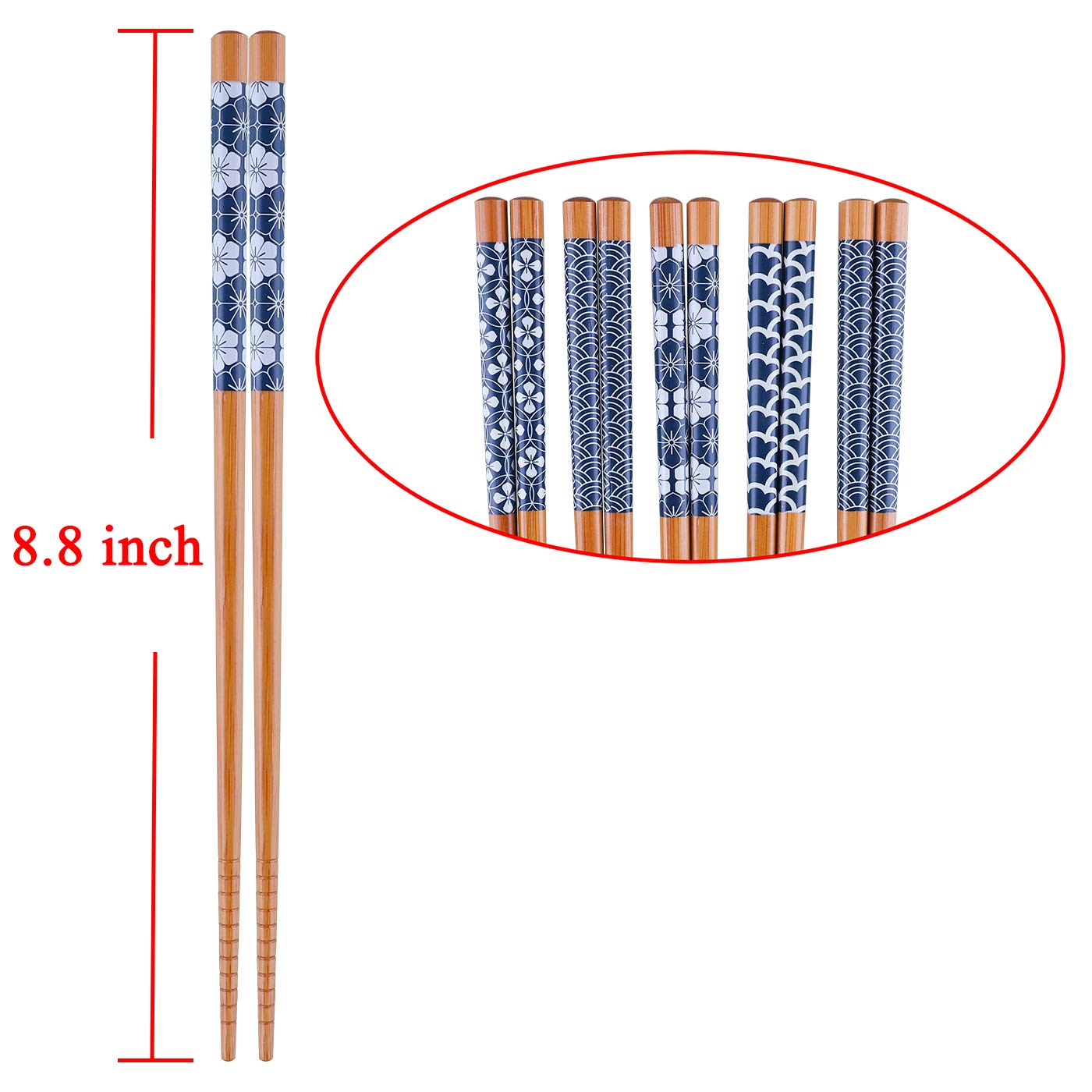 Antner 5 Pairs Natural Bamboo Chopsticks Reusable Classic Japanese Style Chop Sticks Gift Sets, Dishwasher Safe, 8.8 Inch/22.5cm