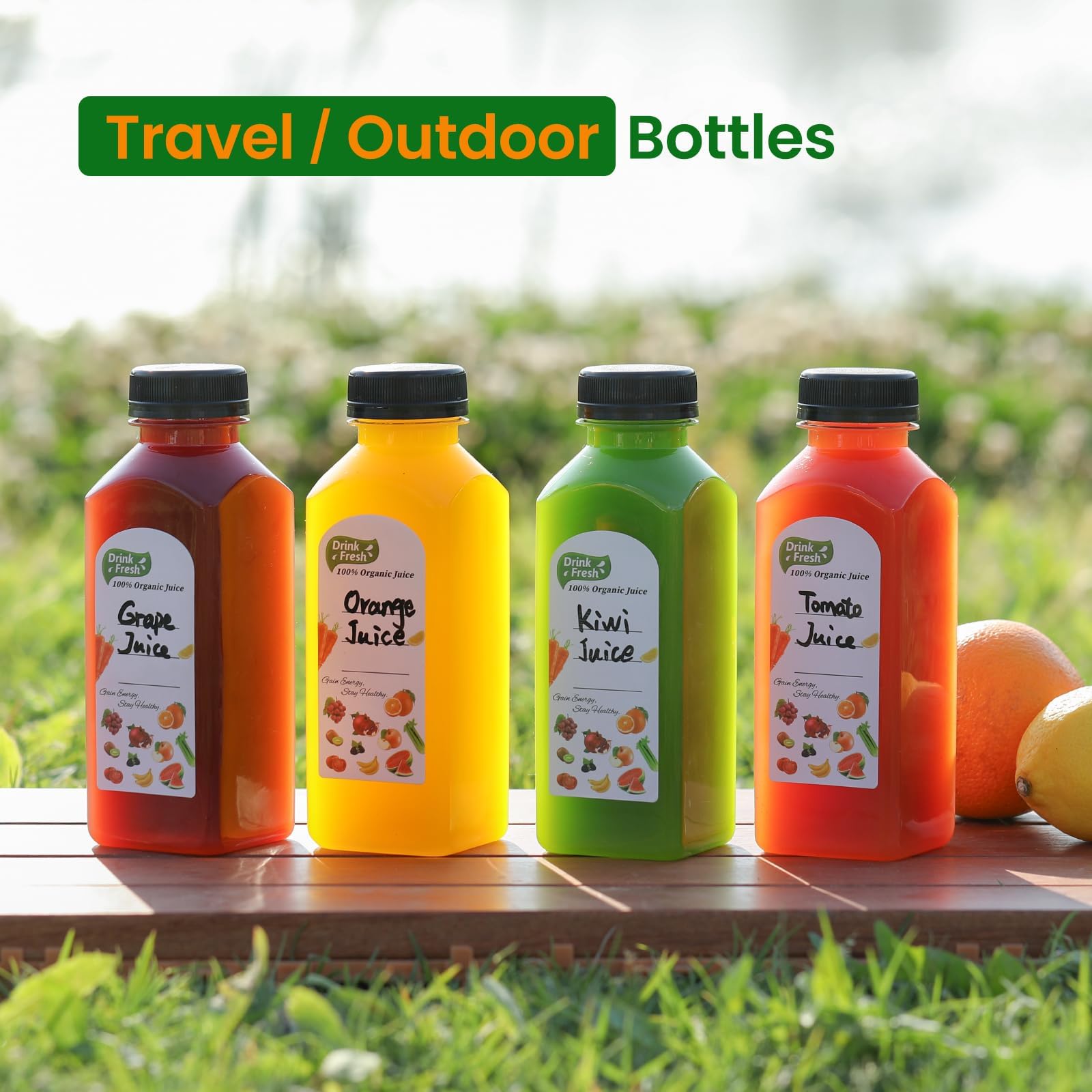 24 PACK, 12 OZ Reusable Plastic Juice Bottles with Caps, Plus 24 Labels & 2 Silicone Funnels - Clear Juicing Bottles for Juice, Smoothies, Ginger, Tea, Coffee - Food Grade & Leakproof Travel Bottles