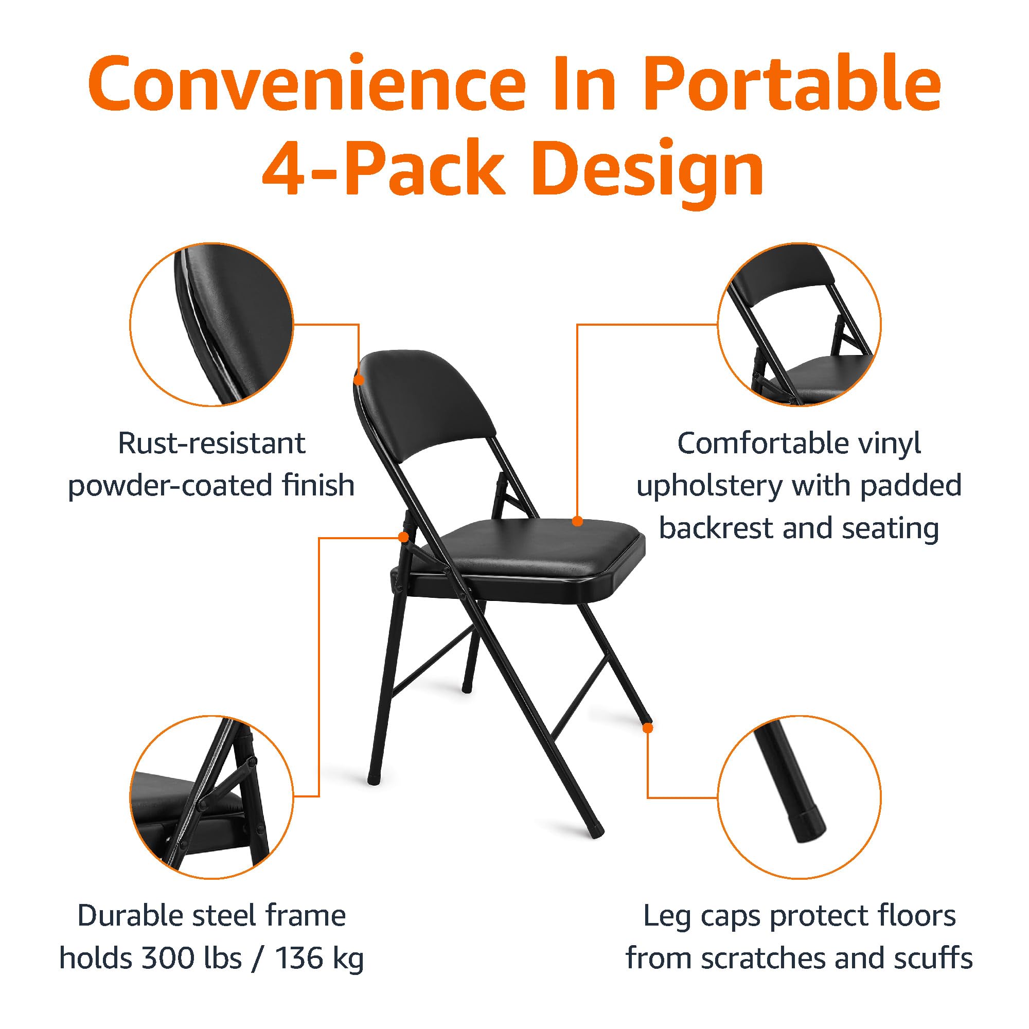 Amazon Basics Comfortable Vinyl-Padded Metal Steel Folding Chairs, Black, 4-Pack