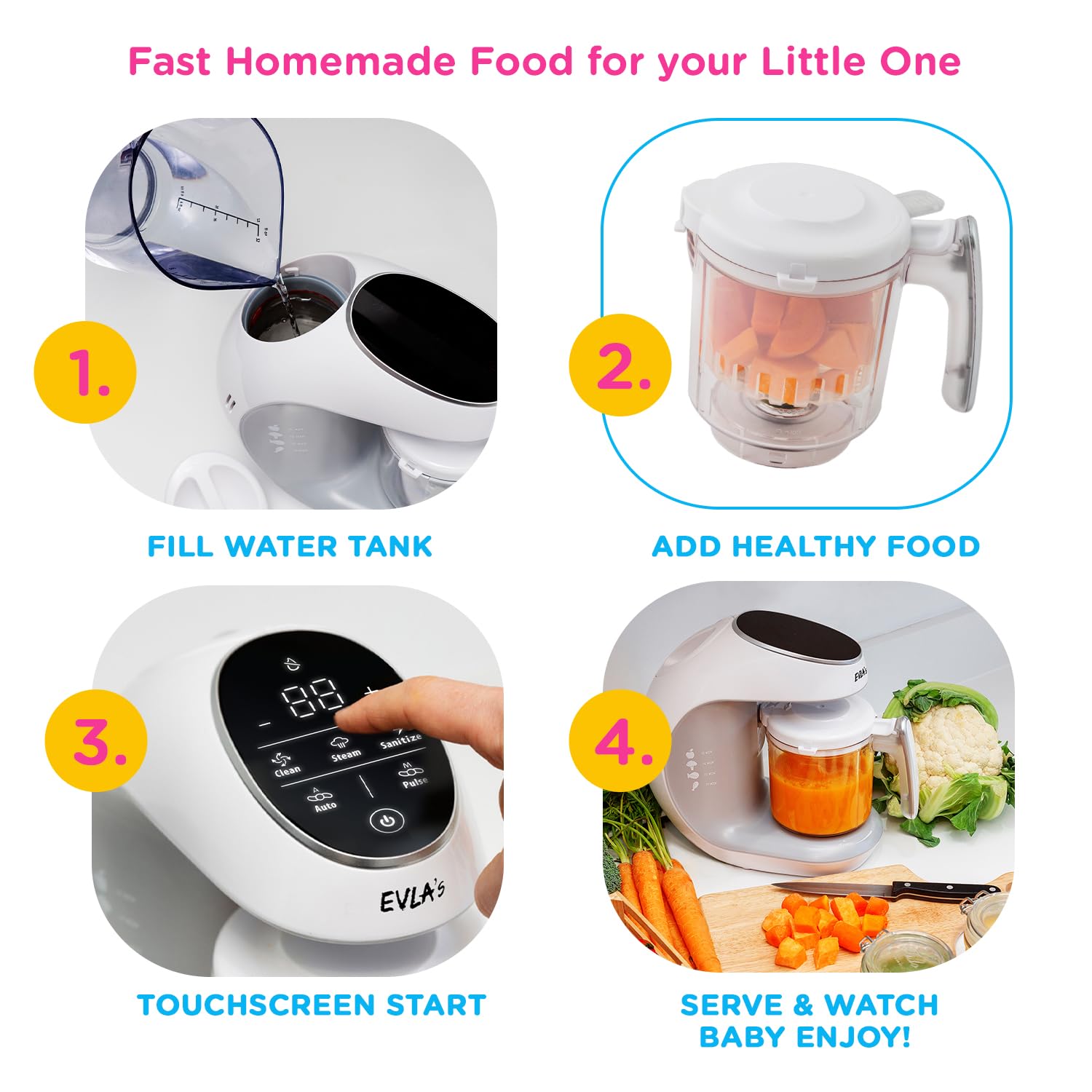 EVLA'S Baby Food Maker, Steamer, Blender, Baby Food Processor for Healthy Homemade Baby Food in Minutes, Touch Screen with 6 Reusable Food Pouches, Baby Registry Essential, White