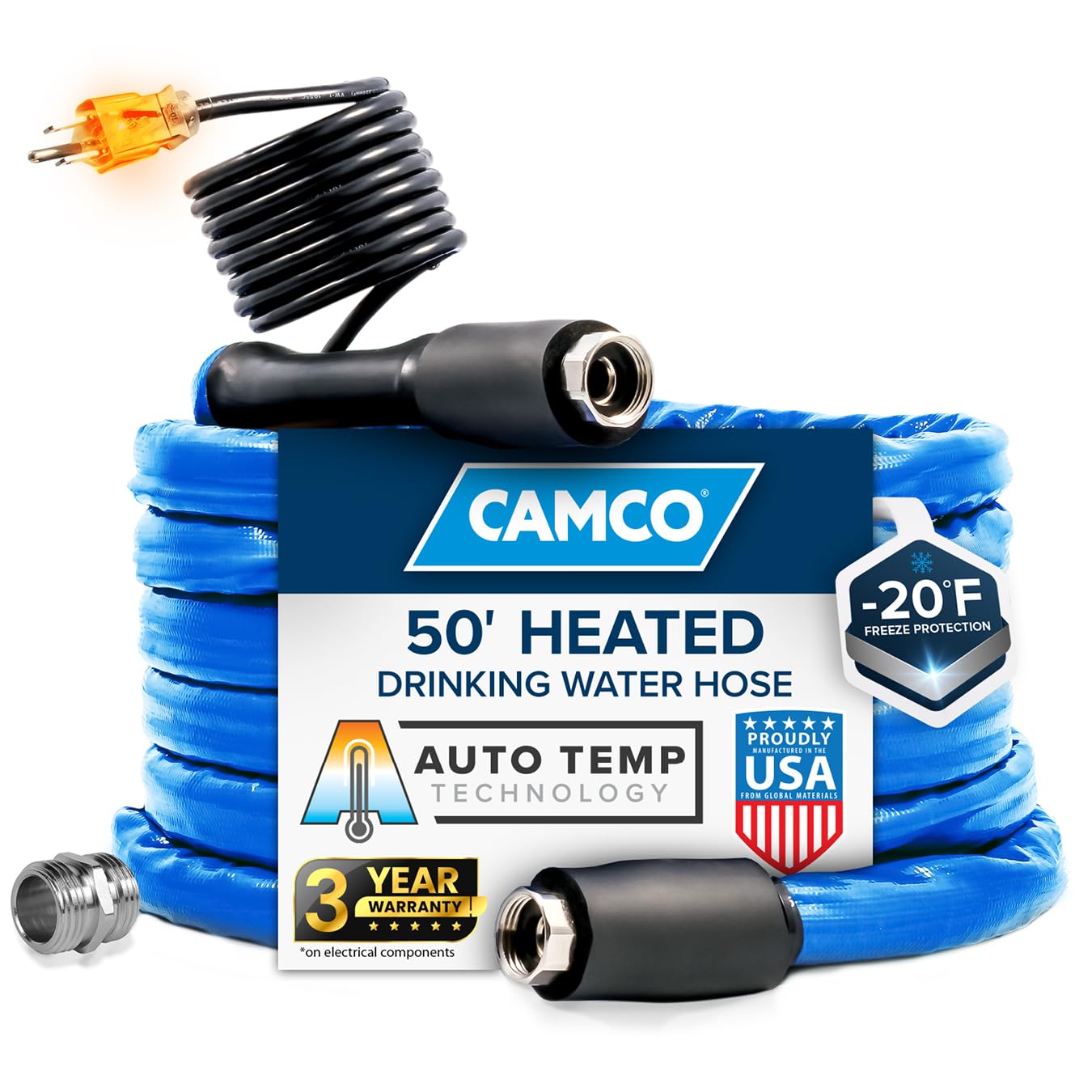 Camco 50' Heated Water Hose for RV — Prevents Freezing Down to -20° — Certified For Drinking Water & Lead-Free — Great for Campers, Livestock, Agriculture, Kennels, etc. — 5/8" ID(22912-A)