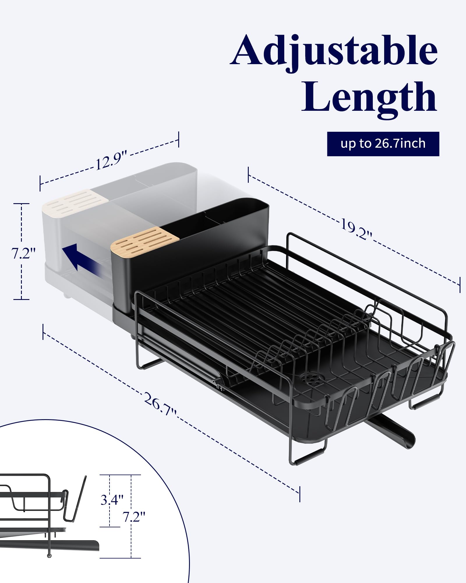 Kitsure Large Dish Drying Rack - Extendable Dish Rack, Multifunctional Dish Rack for Kitchen Counter, Anti-Rust Dish Drainers with Cutlery & Cup Holders 19.2"-26.7" L x 12.9" W, Black