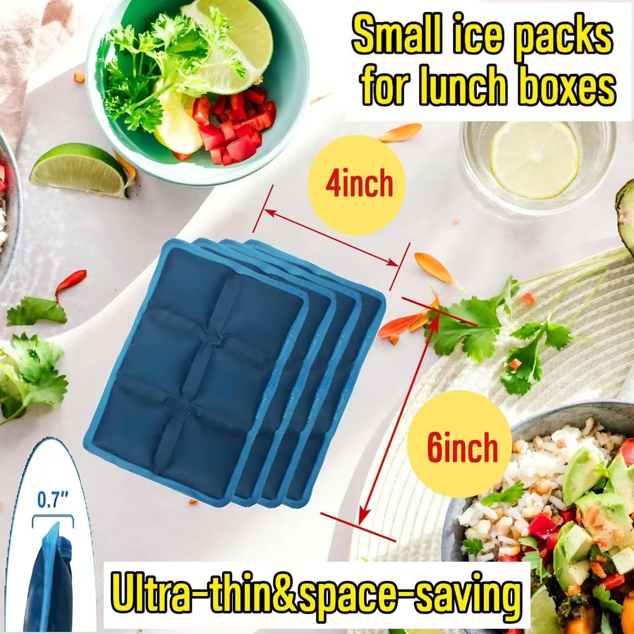 aadsioahd 4pcs Ice Packs for Lunch Boxes & Coolers - Reusable,Lightweight Cooler Ice Pack for Food Freshness, Drinks Freezer (6”x4”x0.7”) - Non-Toxic Cooler for Picnic, School, Sports & Camping