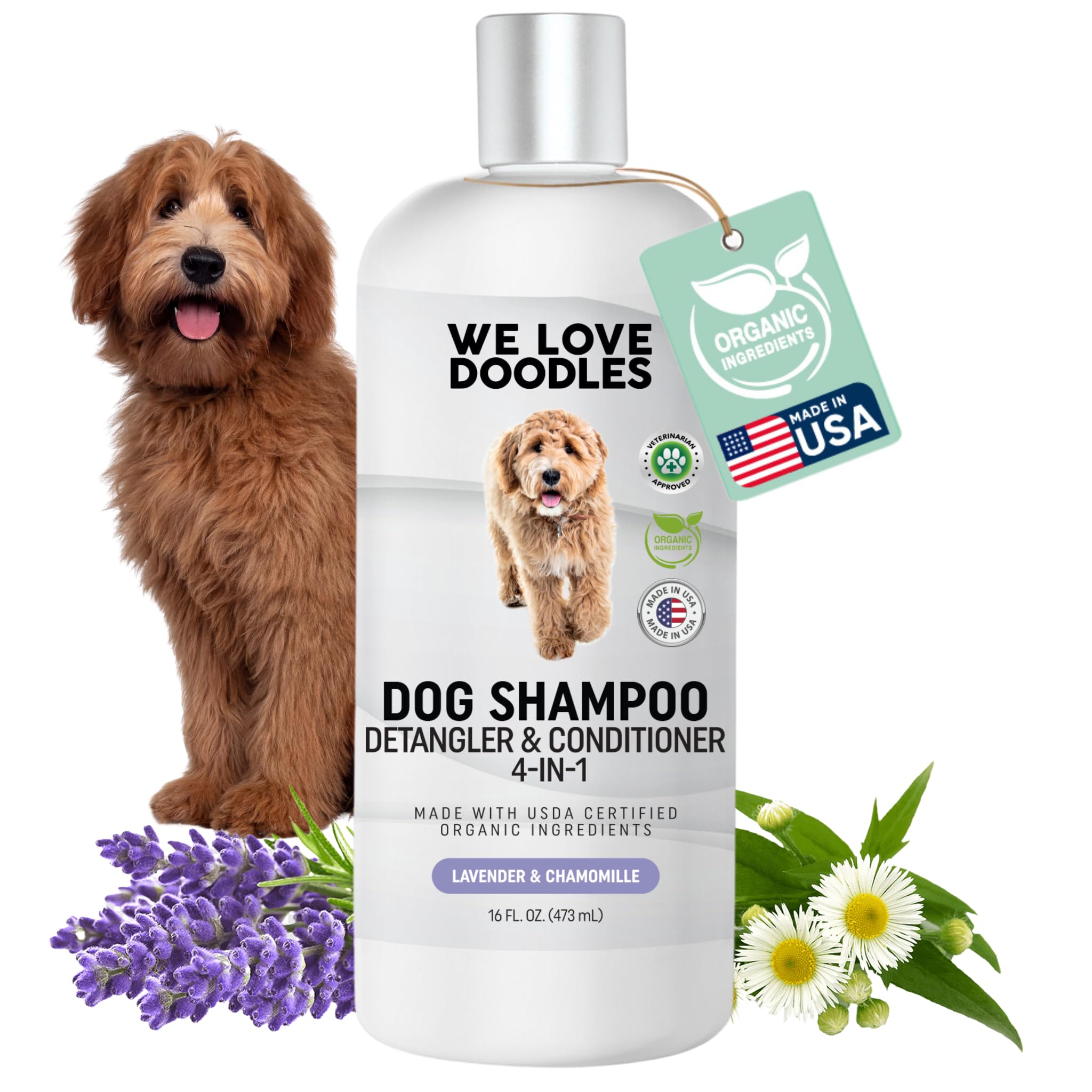 USDA Organic Dog Shampoo, Conditioner & Detangler - Best Shampoo for Goldendoodles, Poodles & Doodles - for Matted Pet Hair - Sensitive Skin Shampoo for Puppies - Made in The USA, 16OZ (Lavender)