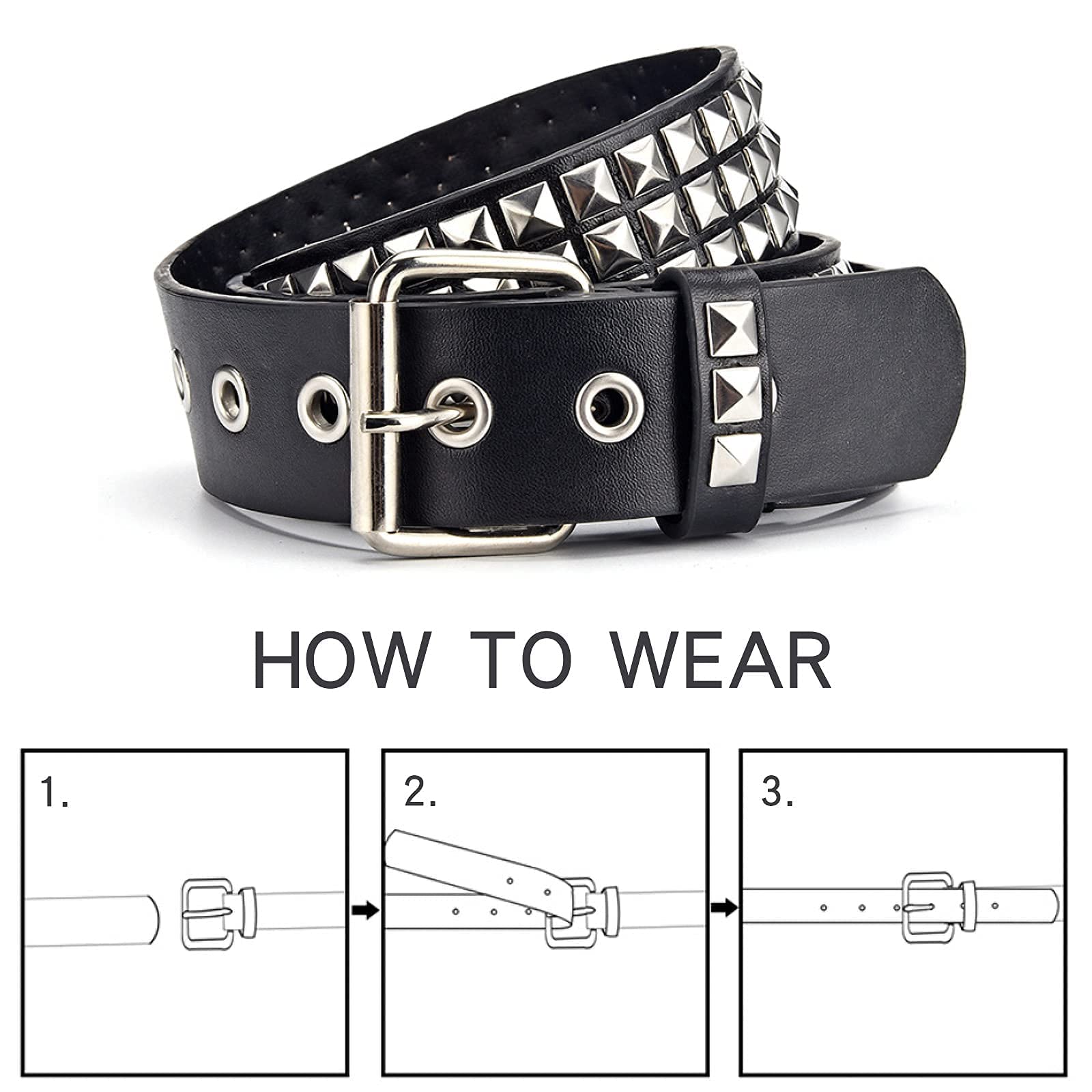 SNCEAW Studded Belt, Metal Punk Rock Rivet belt with Bright Pyramid Studded for Women Men (Black, Fit Pant 31-36 inch)