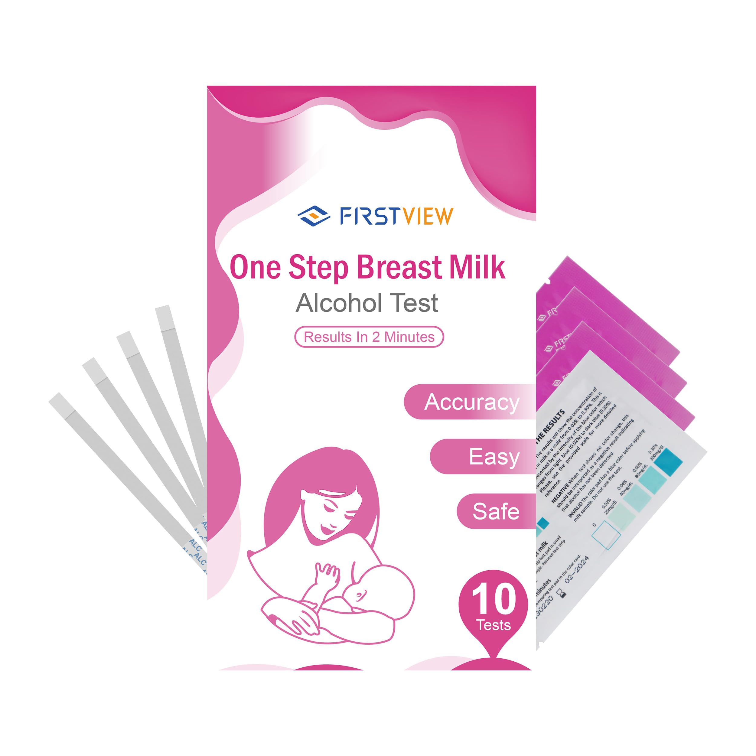 FIRSTVIEW Alcohol Test Strips for Breastmilk,Detects Alcohol in 2 Mintues, High Sensitivity to 0.02%（20mg/dL, Simple Breastmilk Dip Test, Fast and Easy to Use for Breastfeeding Moms-10 Test Strips