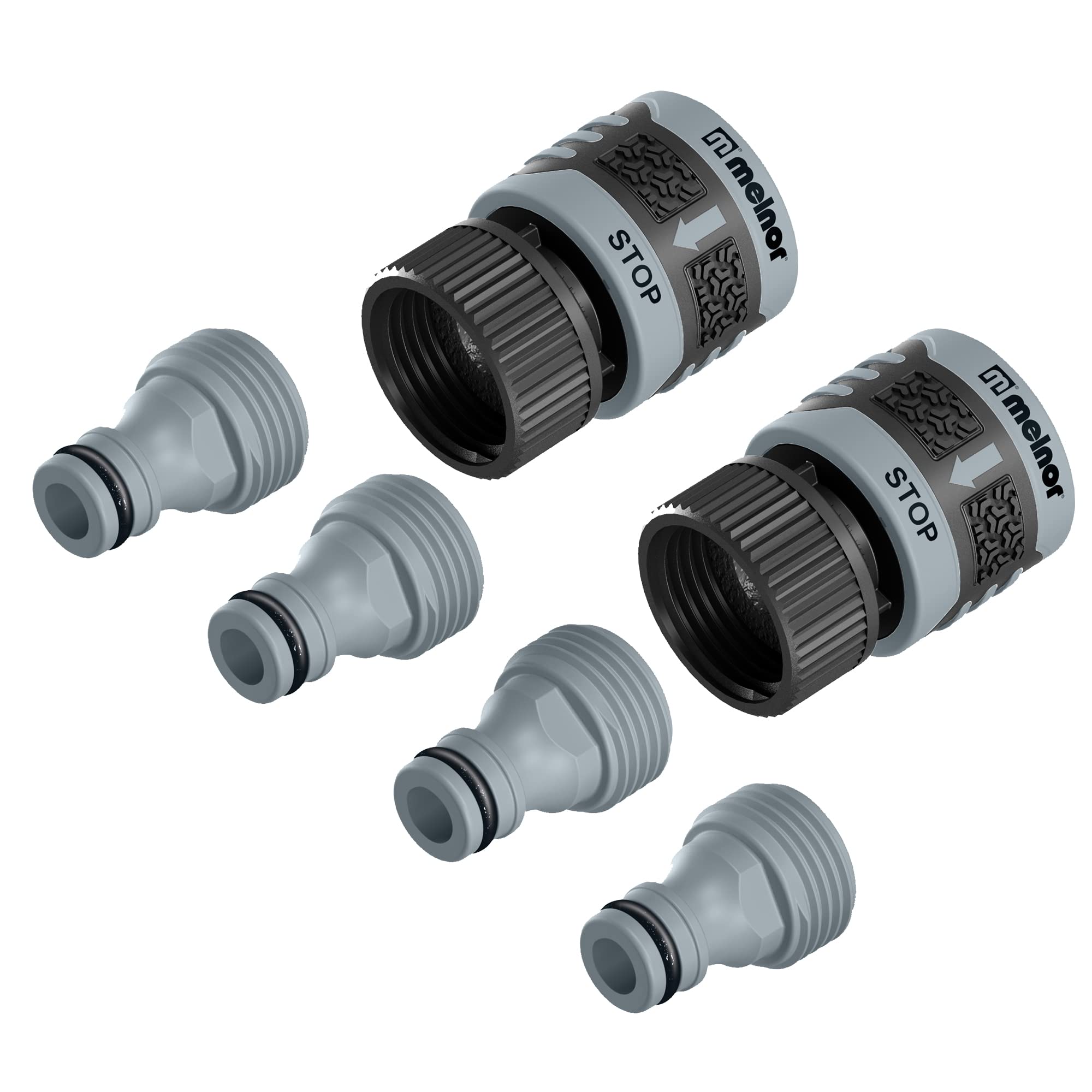 Melnor 65175AMZ 6-teiliges Schnellanschluss-Starterset, Verbinderpaket, Produktadapter, Produkt-Endverbinder, Schwarz, Grau