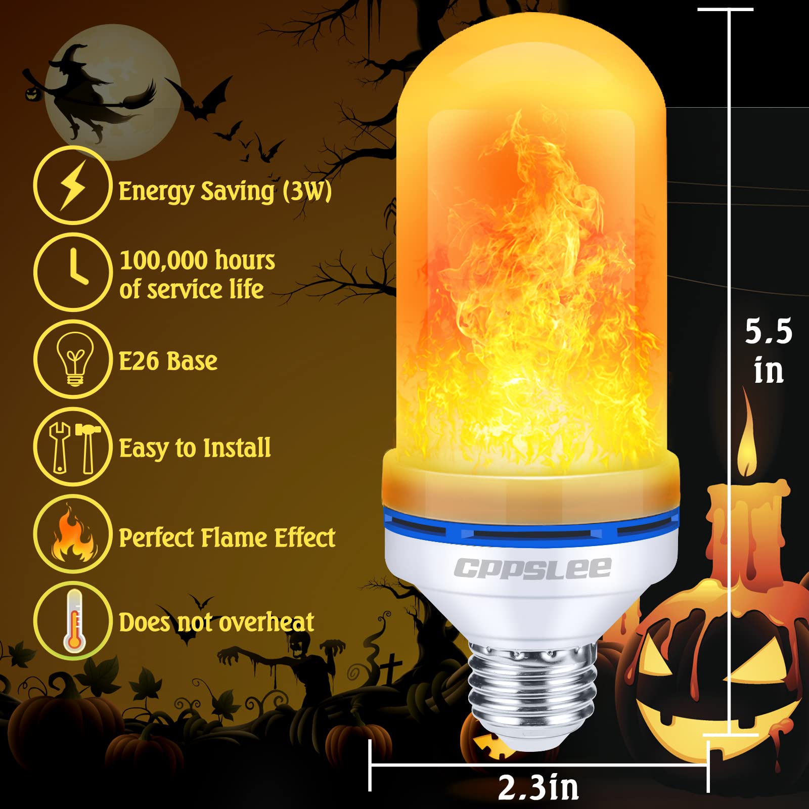 Halloween Decorations Upgraded LED Flame Light Bulbs, 4 Modes Flickering Light Bulbs, E26 Base Fire Flame Bulb, Christmas Lights Patio Outdoor Indoor Home Decor (Yellow, 2 Pack)
