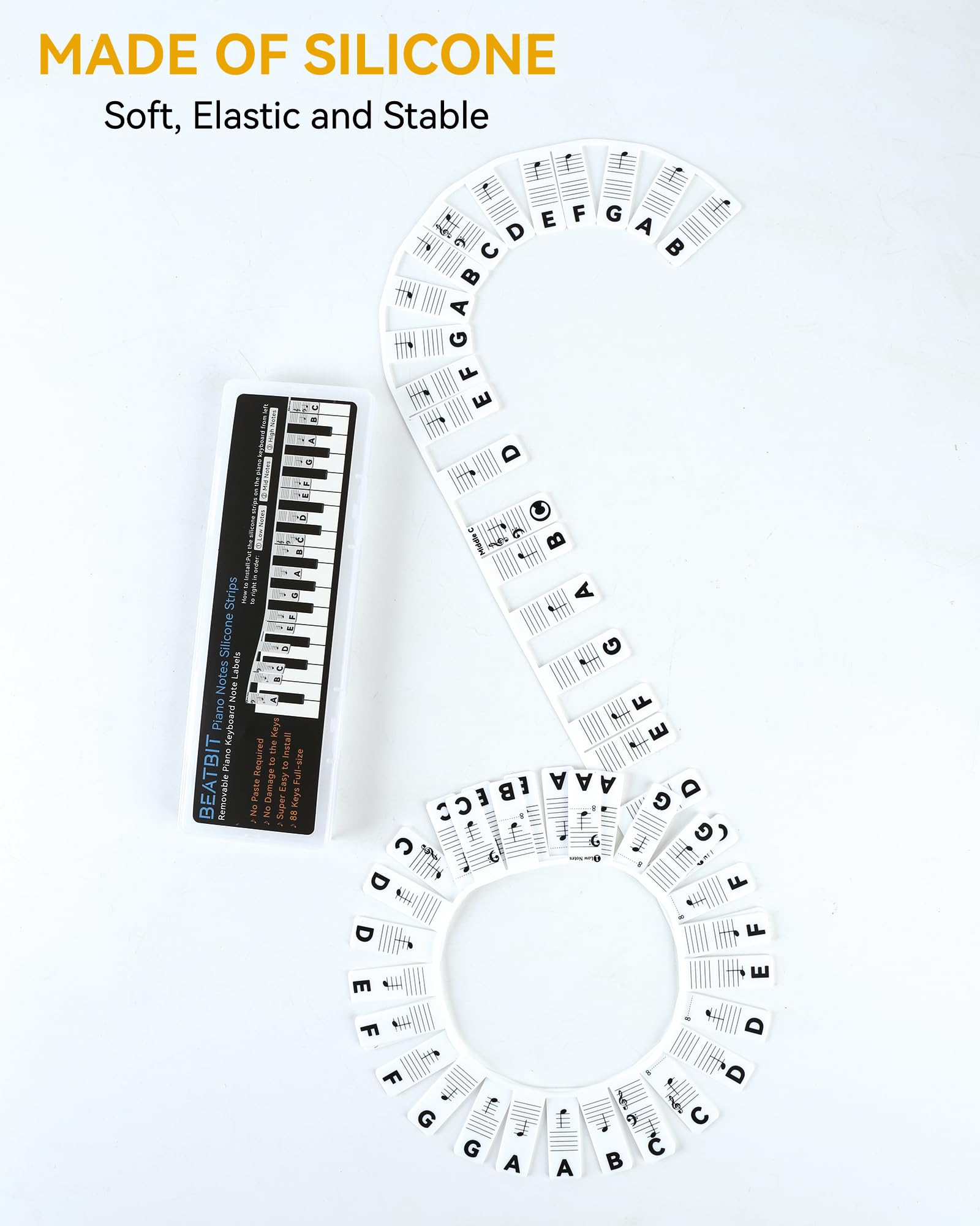 BEATBIT Piano Notes Guide for Beginner, Removable Piano Keyboard Note Labels for Learning, 88-Key Full Size, Made of Silicone, No Need Stickers, Reusable and Comes with Box (Classic Black）