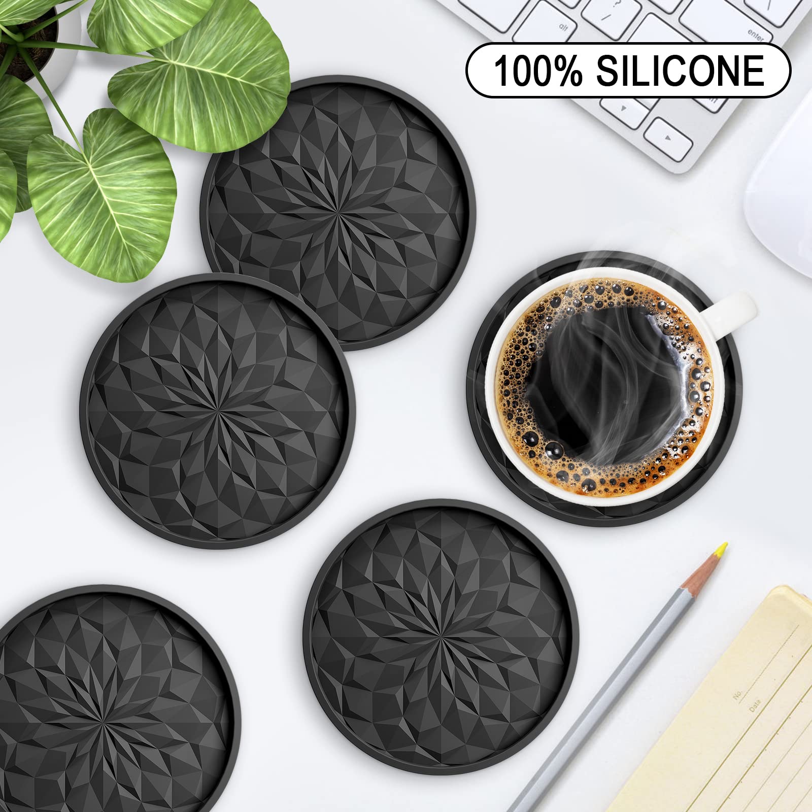 ME.FAN Silicone Coasters with Holder,[6 Pack] Drinking Coasters - Cup Mat for Hot or Cold Drinks, Thickened, Non-Slip, Non-Stick,Deep Tray Black