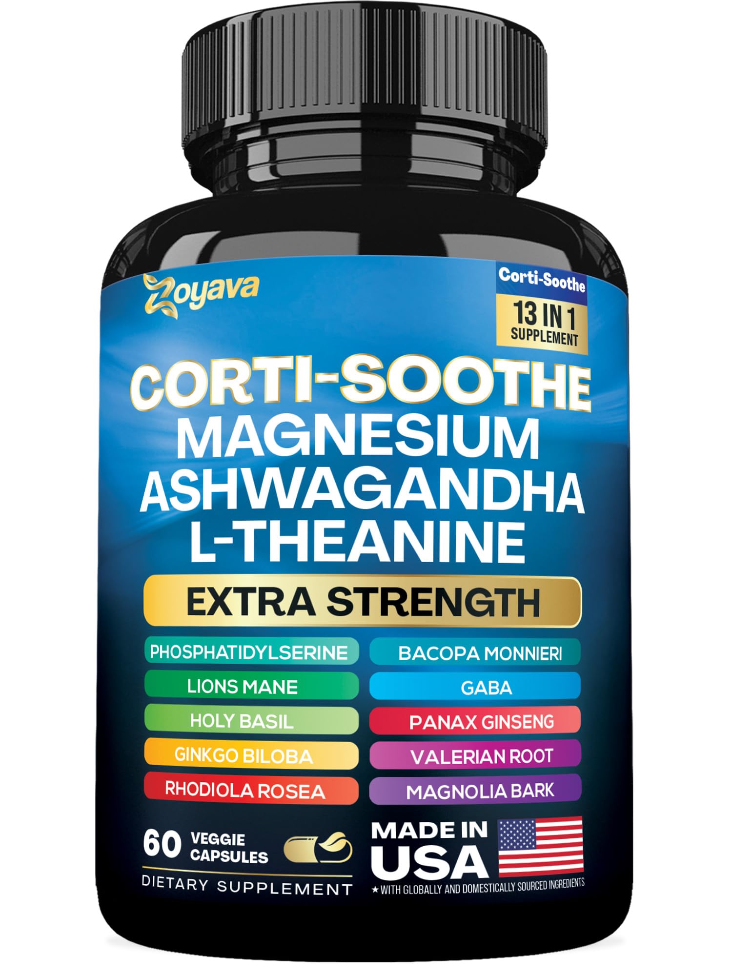 Zoyava Corti-Soothe Cortisol Supplement Magnesium Glycinate 200mg L-Theanine 150mg Ashwagandha 150mg Phosphatidylserine Cortisol Manager Lions Mane Ginkgo Biloba Bacopa Monnieri Valerian Root 60 Caps