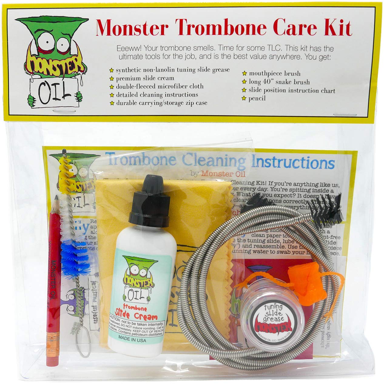 Monster Trombone Care and Cleaning Kit | USA-Based and Veteran-Owned! Slide Cream, Slide Grease, Mouthpiece Brush to Take Care of and Clean Your Trombone