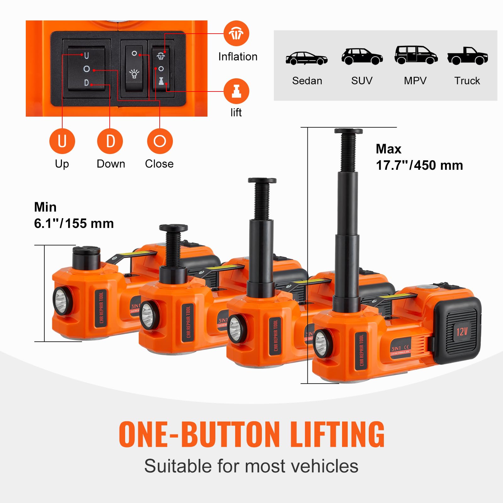 VEVOR Electric Car Jack, 5 Ton/11023 LBS Hydraulic Jack Lift with Electric Impact Wrench, Built-in Inflatable Pump, and LED Light for SUV MPV Sedan Truck Change Tires Garage Repair