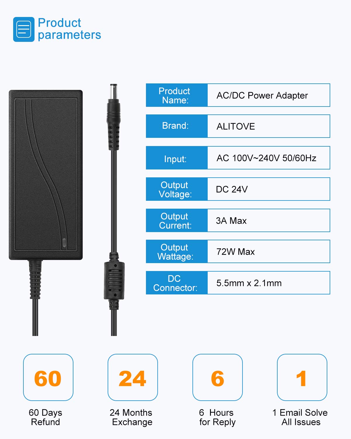 ALITOVE 24V 3A 72W AC to DC Adapter Power Supply Converter AC 100V ~ 240V to DC 24V 3amp Transformer with 5.5x2.1mm DC Output Jack for 5050 3528 LED Strip Module Light, CCTV Camera System