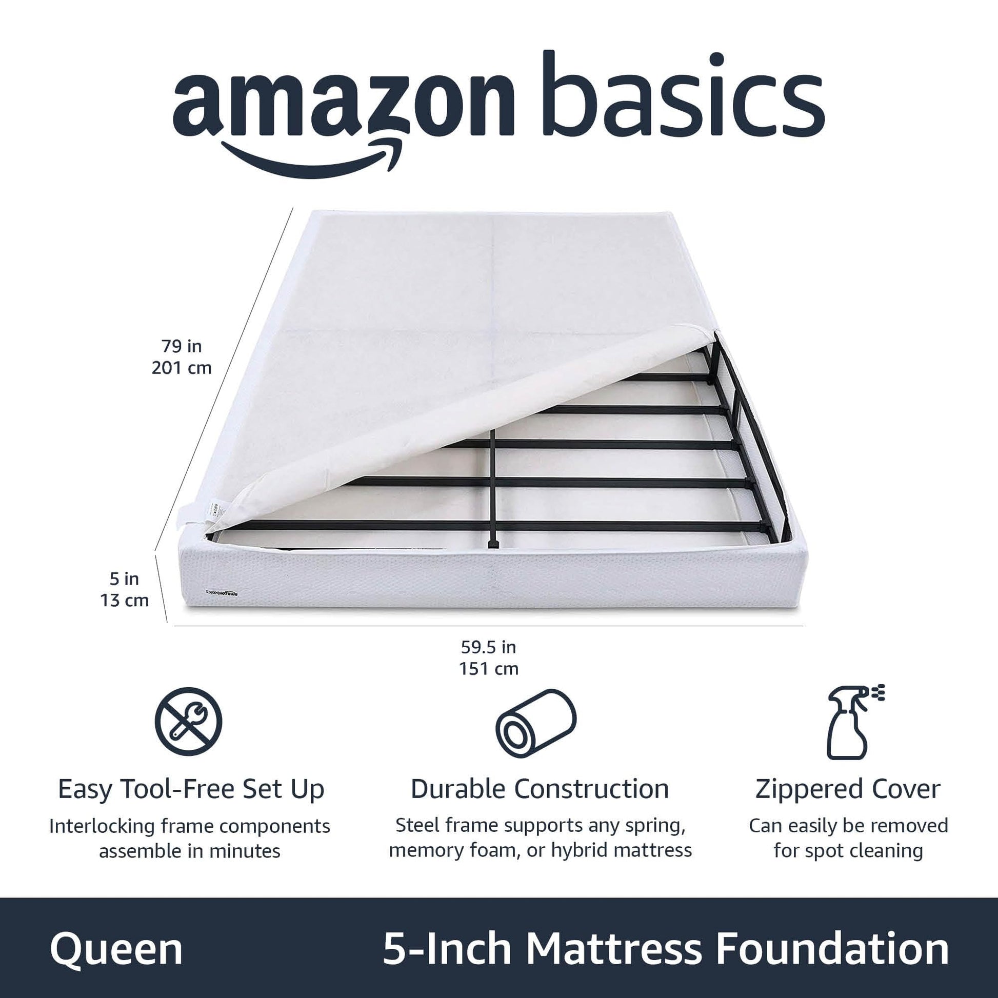 Amazon Basics Smart Box Spring Bed Base, 5-Inch Height Mattress Foundation, Tool-Free Easy Assembly, Queen, 79"L x 59.5"W x 5"H, White